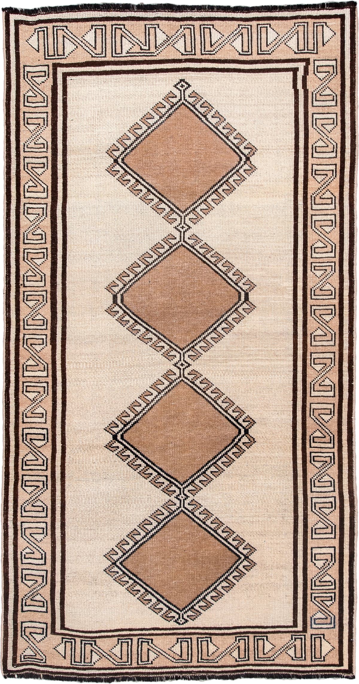 3' x 6' one-of-a-kind handmade antique Anatolian rug. Color palette: ivory, camel, dark brown, taupe, charcoal, beige, brown