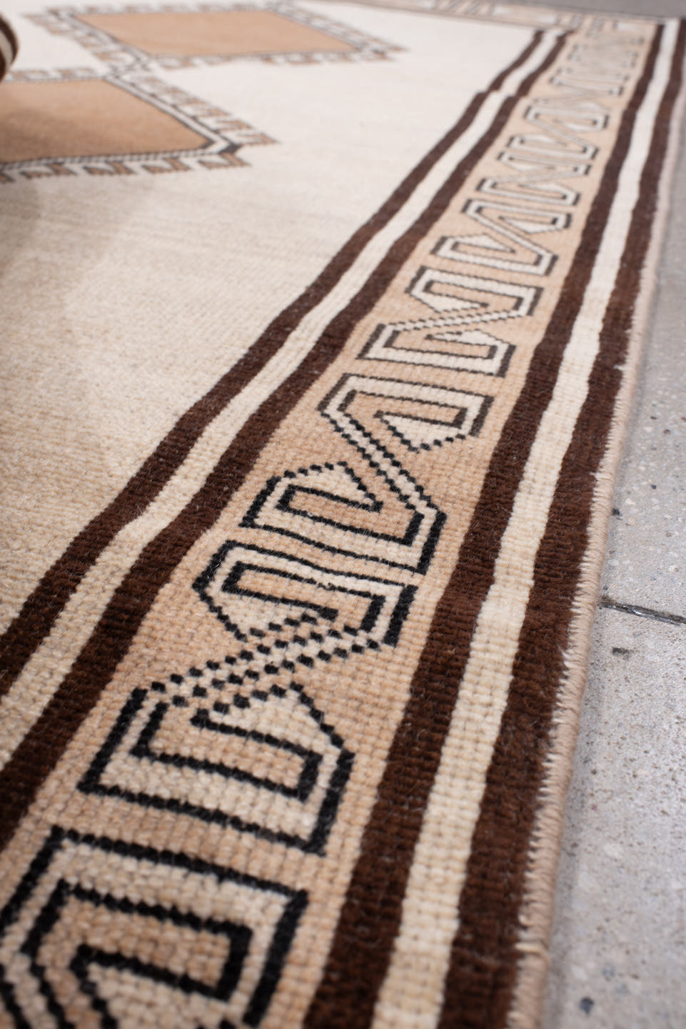 3' x 6' one-of-a-kind handmade antique Anatolian rug. Color palette: ivory, camel, dark brown, taupe, charcoal, beige, brown