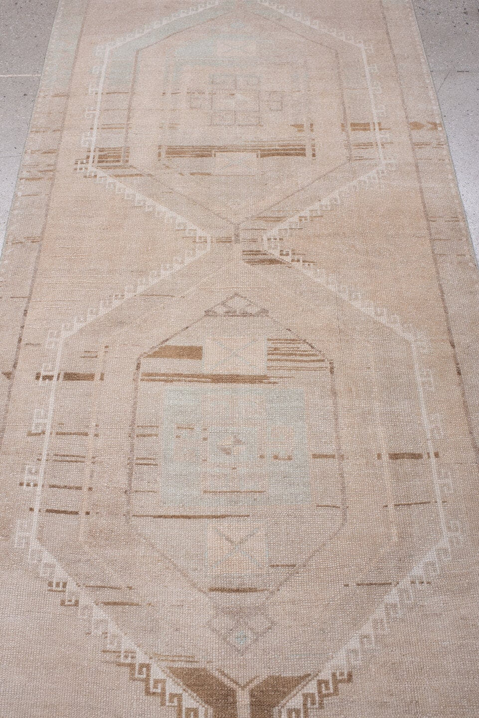 3' x 13' one-of-a-kind handmade antique Anatolian runner rug. Color palette: blush, ivory, taupe, camel, sage, sand, ochre