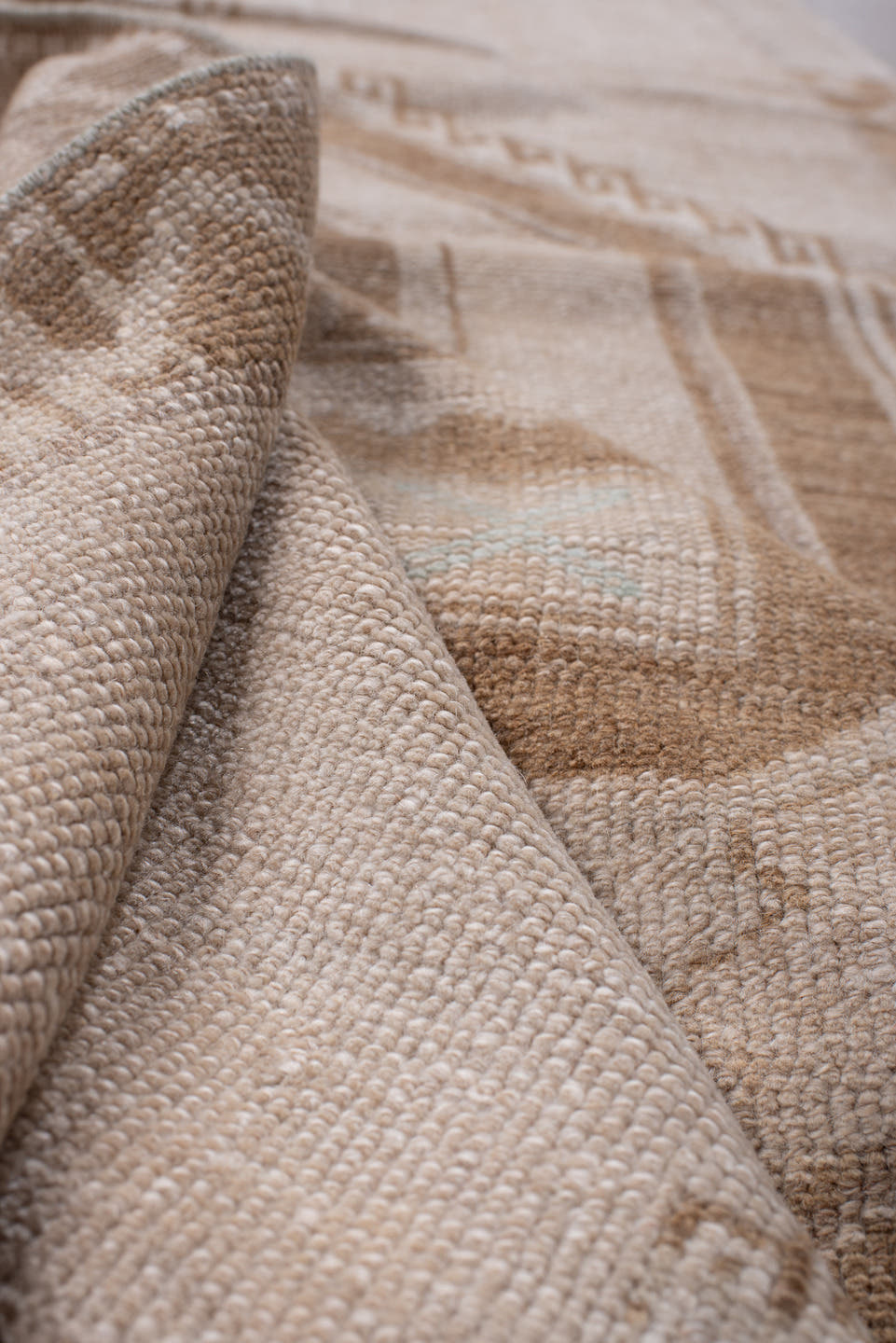 3' x 13' one-of-a-kind handmade antique Anatolian runner rug. Color palette: blush, ivory, taupe, camel, sage, sand, ochre