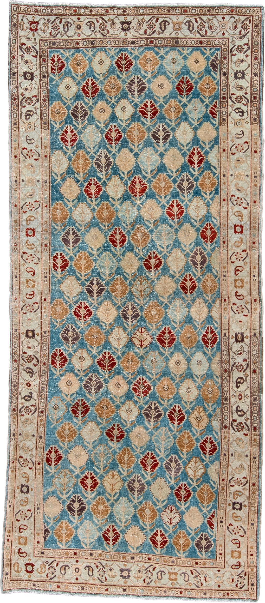 4' x 10' one-of-a-kind handmade antique Tabriz runner rug. Color palette: turquoise, ivory, camel, burgundy, charcoal, taupe