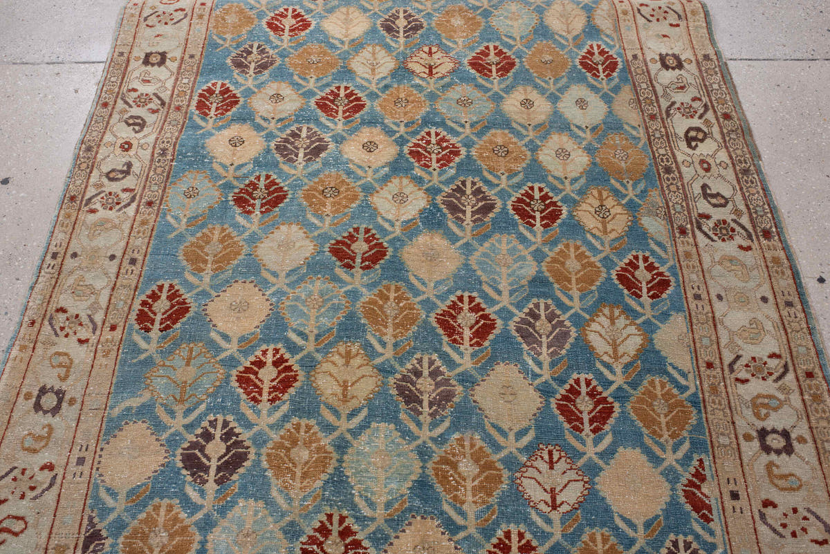 4' x 10' one-of-a-kind handmade antique Tabriz runner rug. Color palette: turquoise, ivory, camel, burgundy, charcoal, taupe