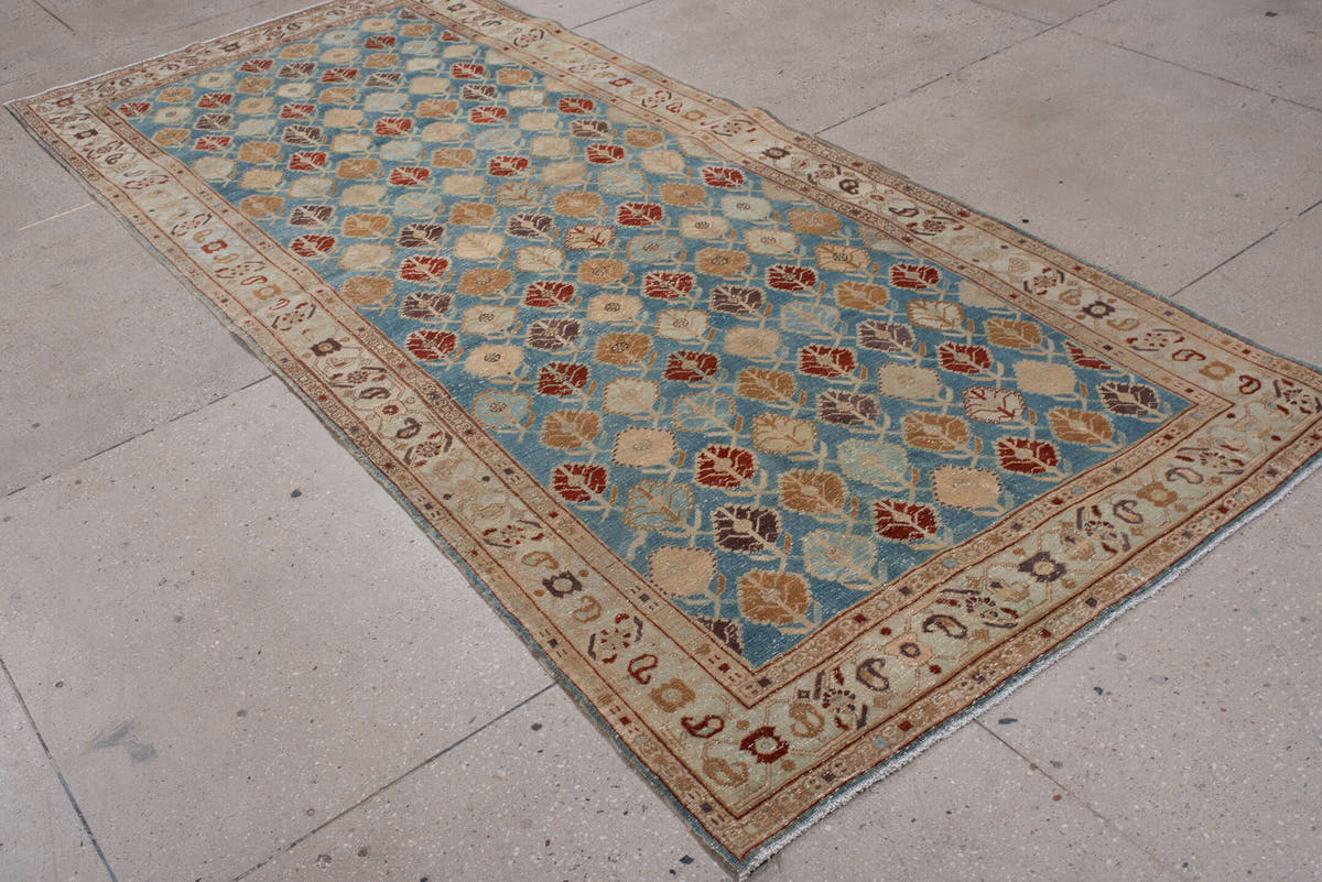 4' x 10' one-of-a-kind handmade antique Tabriz runner rug. Color palette: turquoise, ivory, camel, burgundy, charcoal, taupe