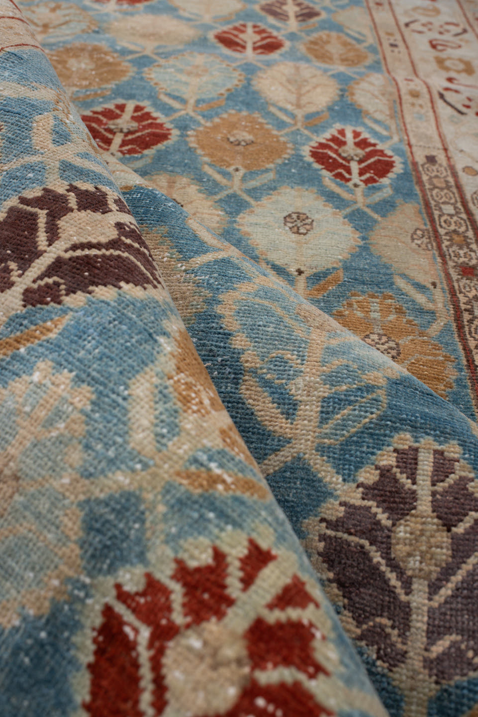 4' x 10' one-of-a-kind handmade antique Tabriz runner rug. Color palette: turquoise, ivory, camel, burgundy, charcoal, taupe