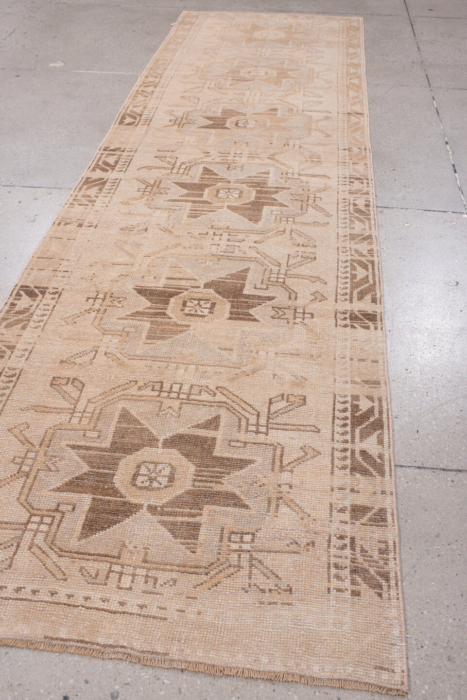 2' x 10' one-of-a-kind handmade antique Anatolian runner rug. Color palette: camel, ivory, taupe, sand, beige, brown, gray