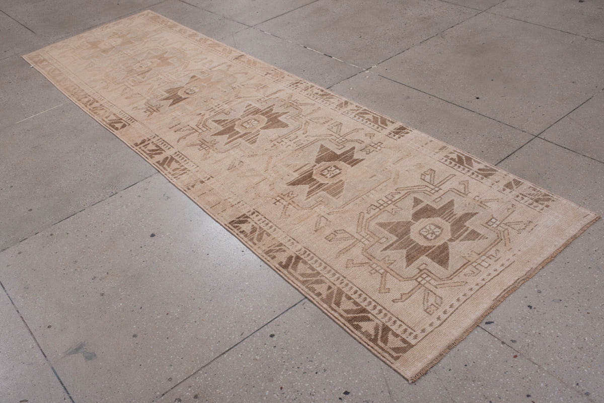 2' x 10' one-of-a-kind handmade antique Anatolian runner rug. Color palette: camel, ivory, taupe, sand, beige, brown, gray