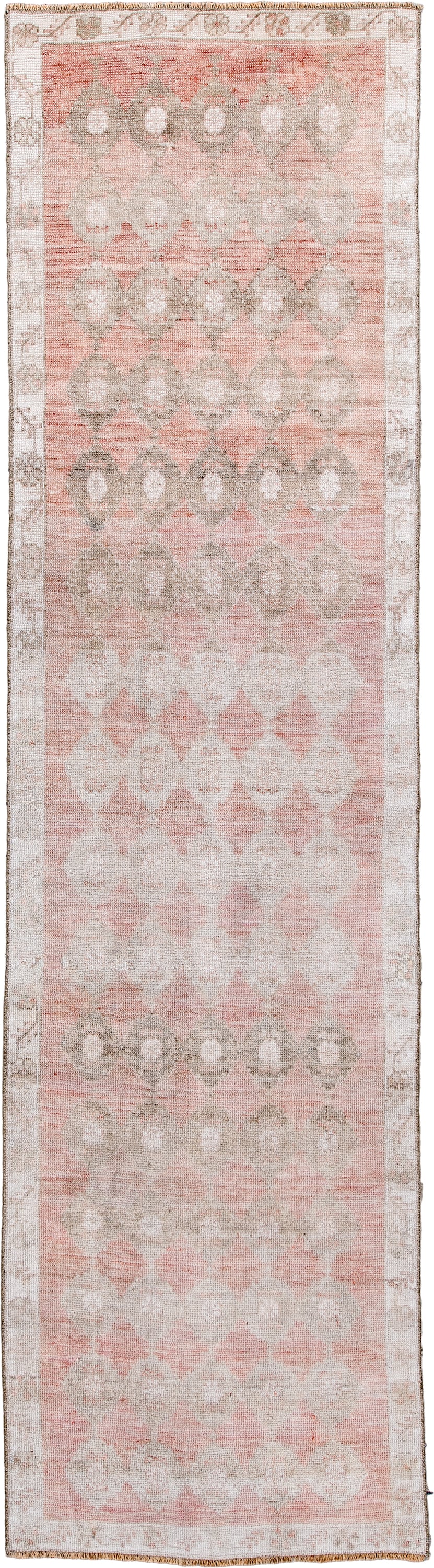 2' x 9' one-of-a-kind handmade antique Anatolian runner rug. Color palette: blush, ivory, taupe, warm gray, sand, rose