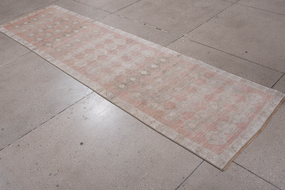 2' x 9' one-of-a-kind handmade antique Anatolian runner rug. Color palette: blush, ivory, taupe, warm gray, sand, rose
