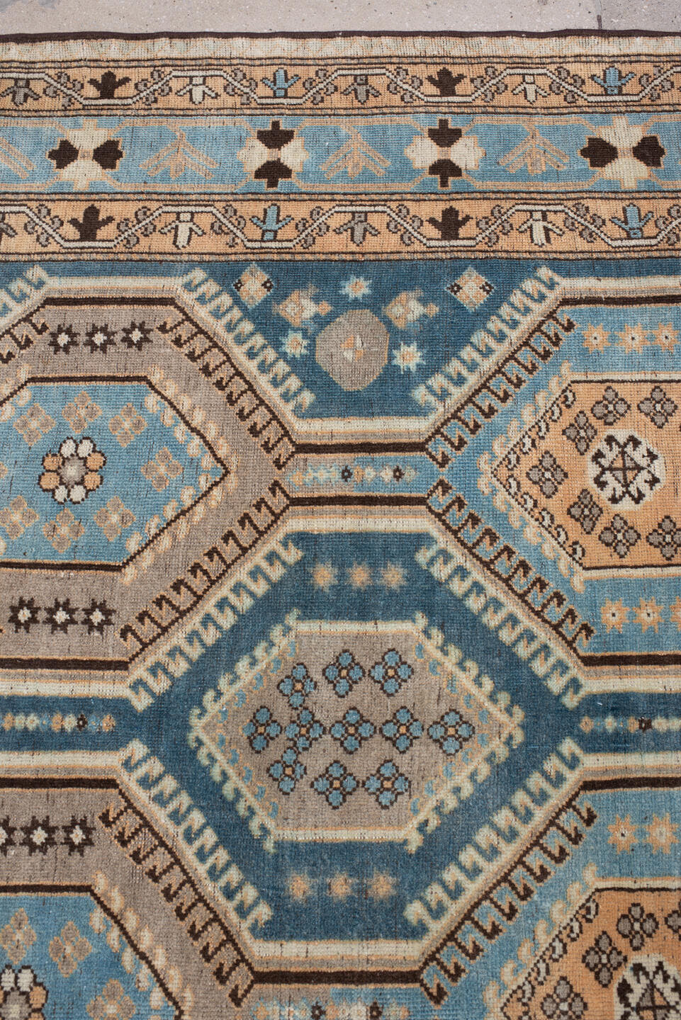 6' x 10' one-of-a-kind handmade antique Afshar large size rug. Color palette: teal, camel, ivory, pale blue, taupe, charcoal