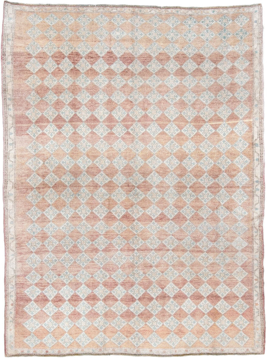 6' x 8' one-of-a-kind handmade antique Anatolian medium size rug. Color palette: terracotta, ivory, pale blue, blush, taupe