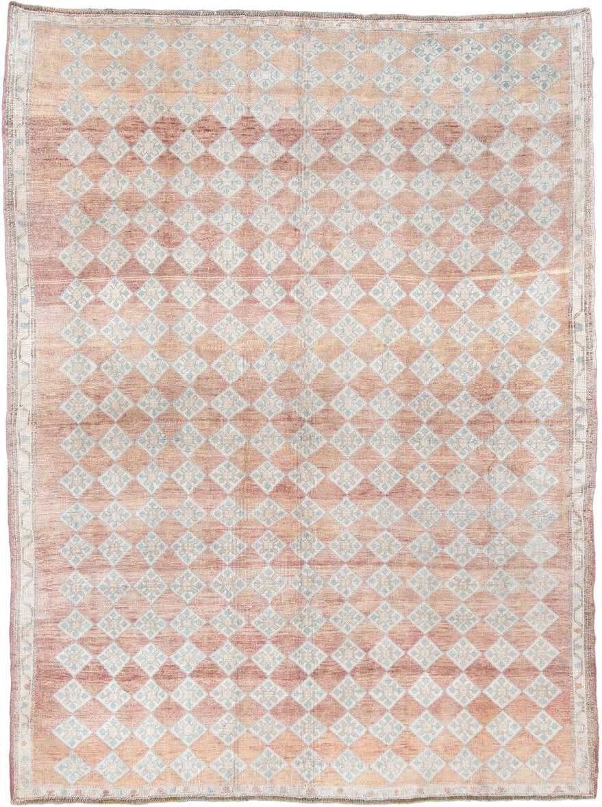 6' x 8' one-of-a-kind handmade antique Anatolian medium size rug. Color palette: terracotta, ivory, pale blue, blush, taupe