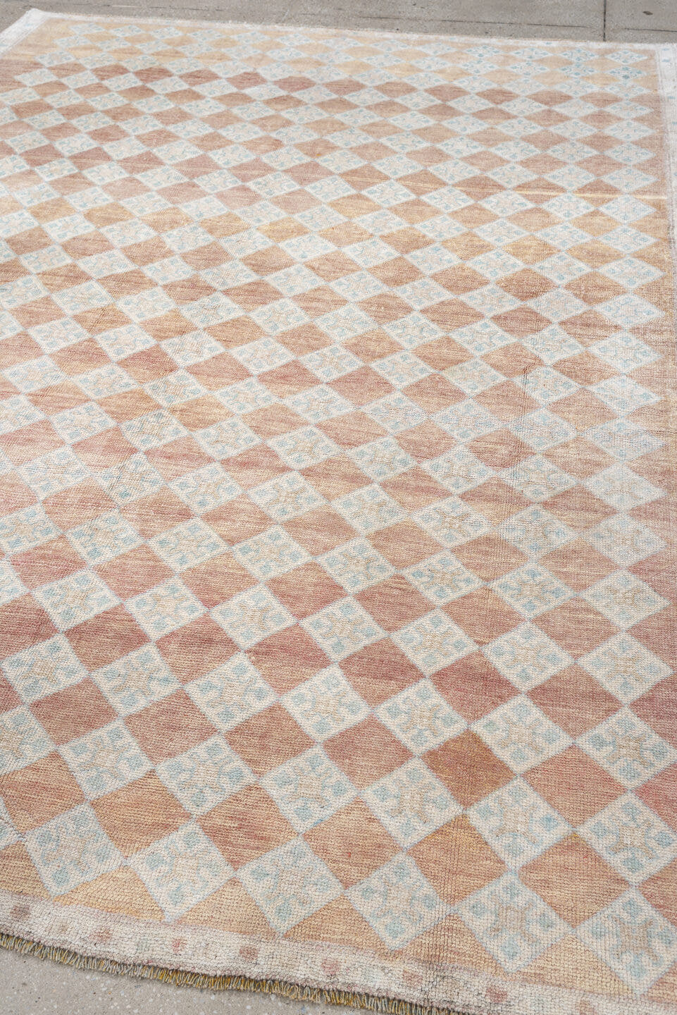 6' x 8' one-of-a-kind handmade antique Anatolian medium size rug. Color palette: terracotta, ivory, pale blue, blush, taupe