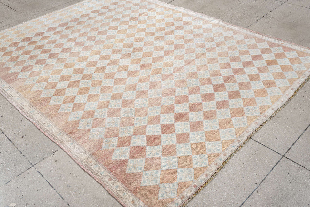 6' x 8' one-of-a-kind handmade antique Anatolian medium size rug. Color palette: terracotta, ivory, pale blue, blush, taupe
