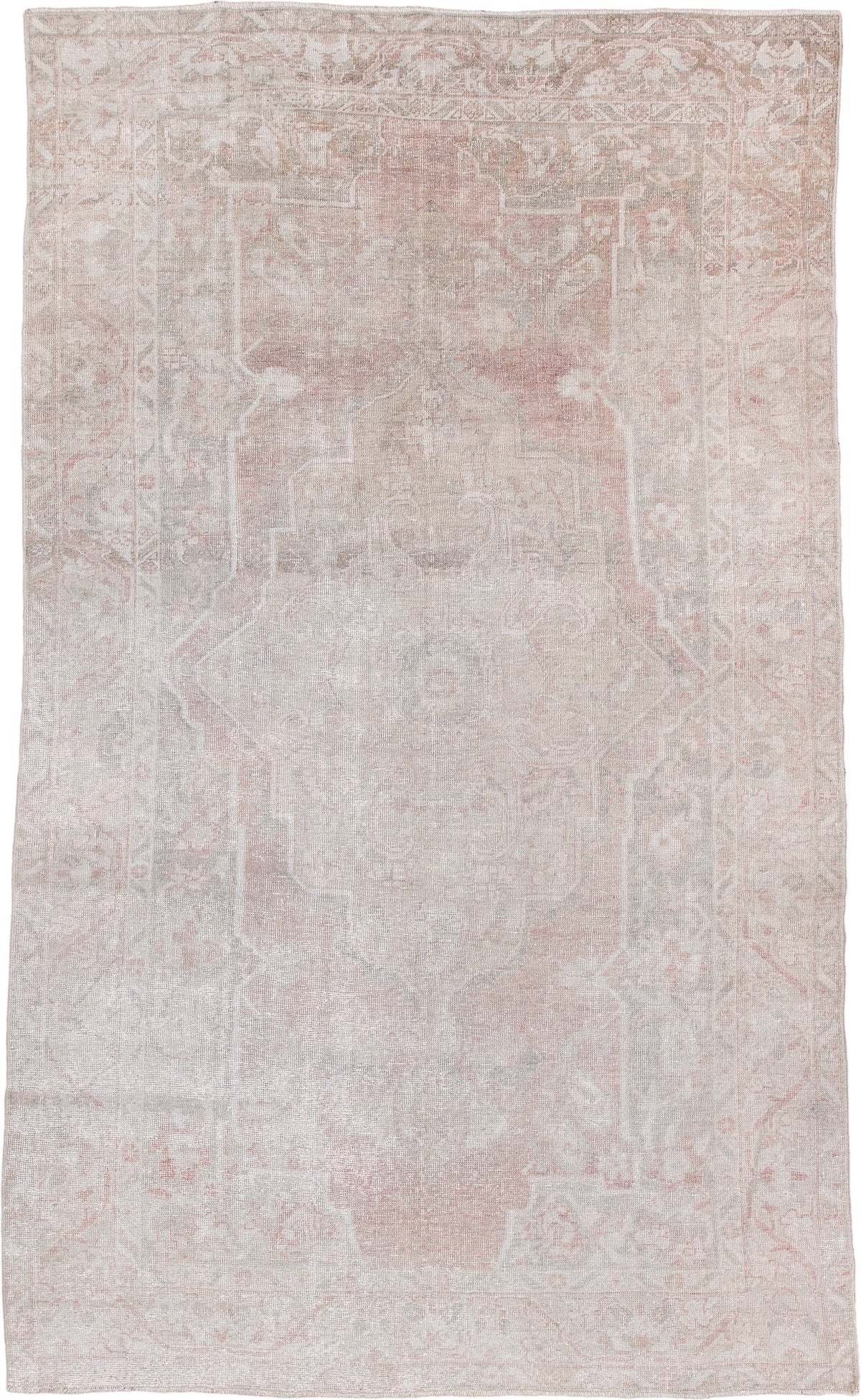 6' x 10' one-of-a-kind handmade antique Oushak large size rug. Color palette: ivory, blush, taupe, pale rose, beige, sage