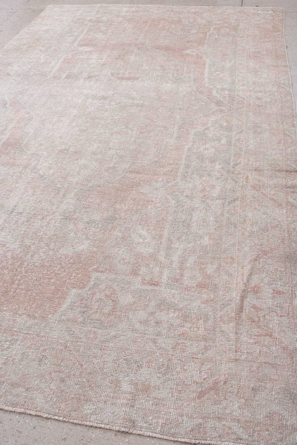 6' x 10' one-of-a-kind handmade antique Oushak large size rug. Color palette: ivory, blush, taupe, pale rose, beige, sage