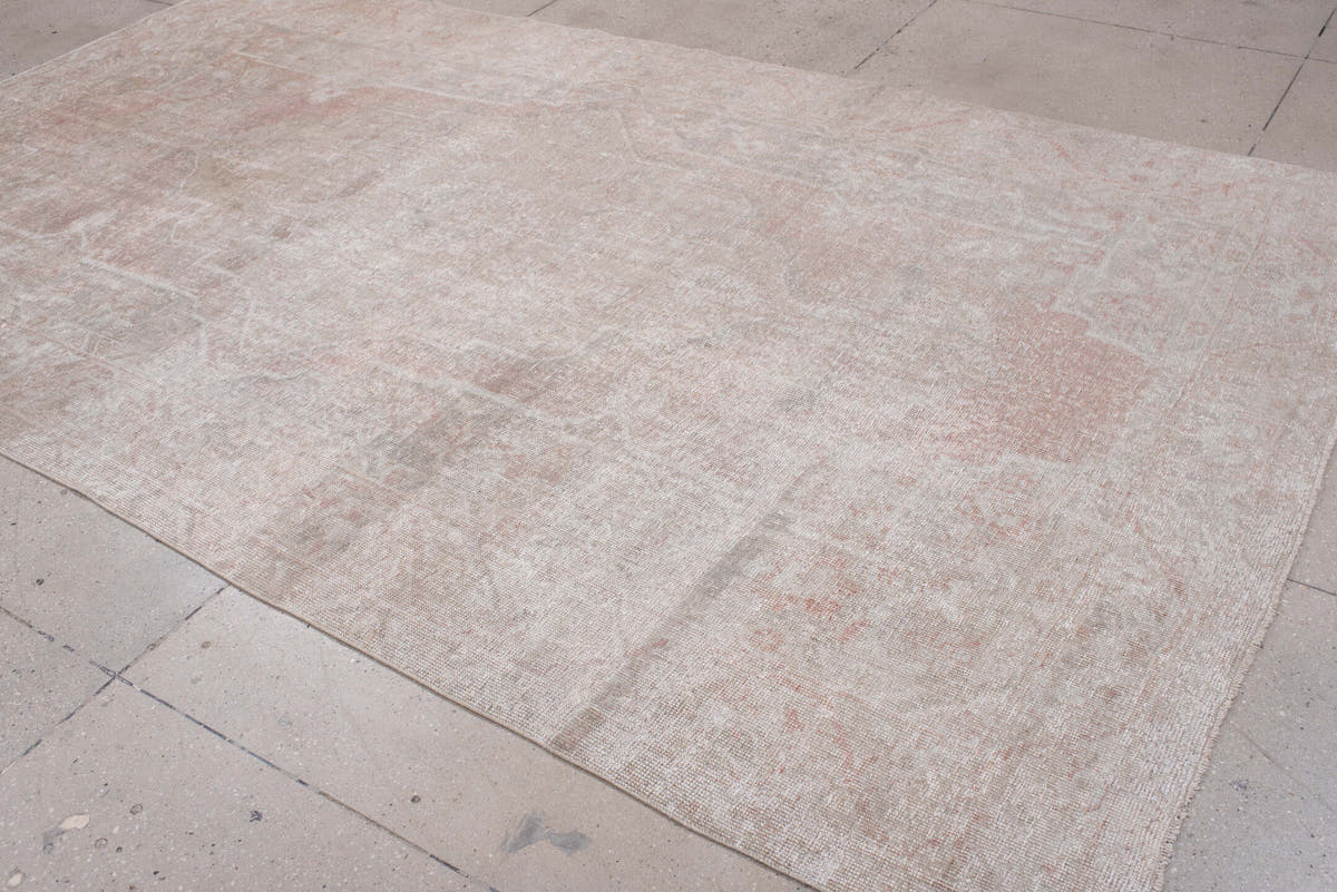 6' x 10' one-of-a-kind handmade antique Oushak large size rug. Color palette: ivory, blush, taupe, pale rose, beige, sage