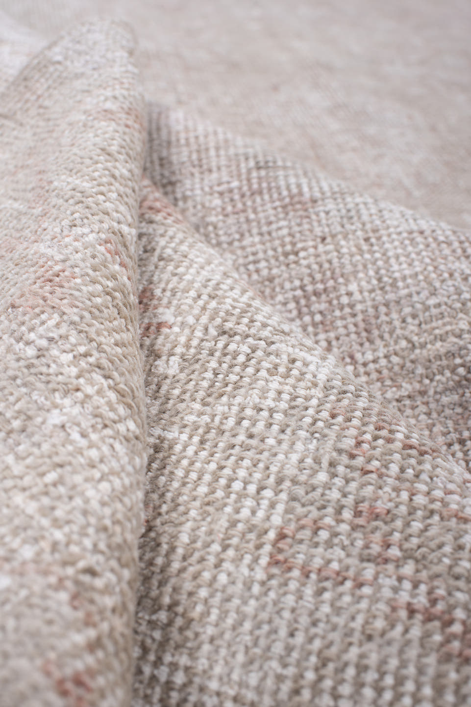 6' x 10' one-of-a-kind handmade antique Oushak large size rug. Color palette: ivory, blush, taupe, pale rose, beige, sage