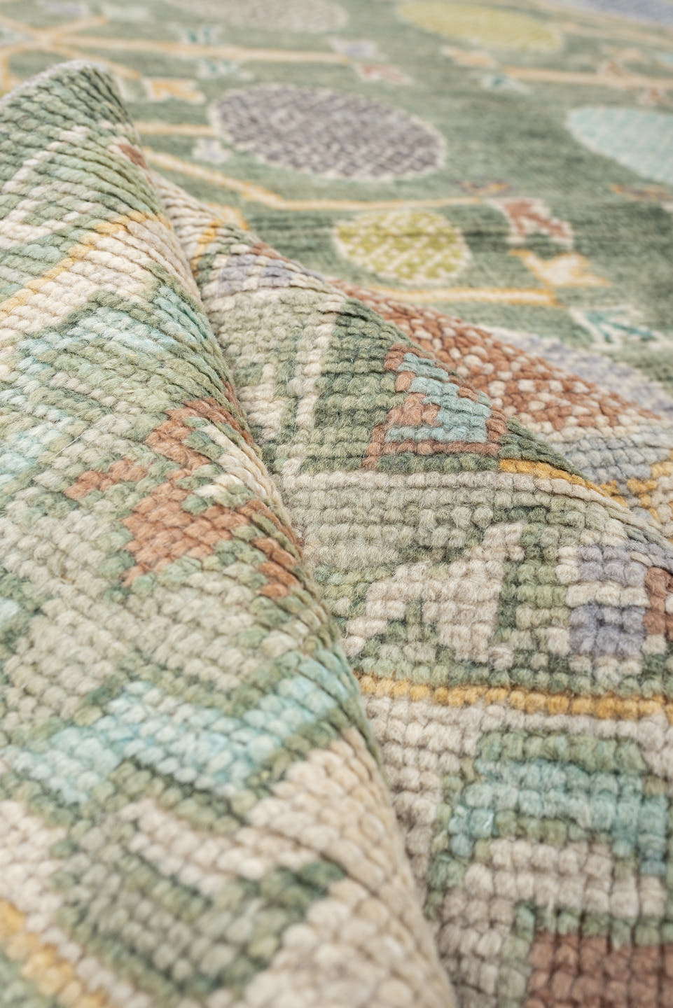 8' x 10' one-of-a-kind handmade antique Oushak large size rug. Color palette: sage, ivory, coral, gold, pale blue, charcoal