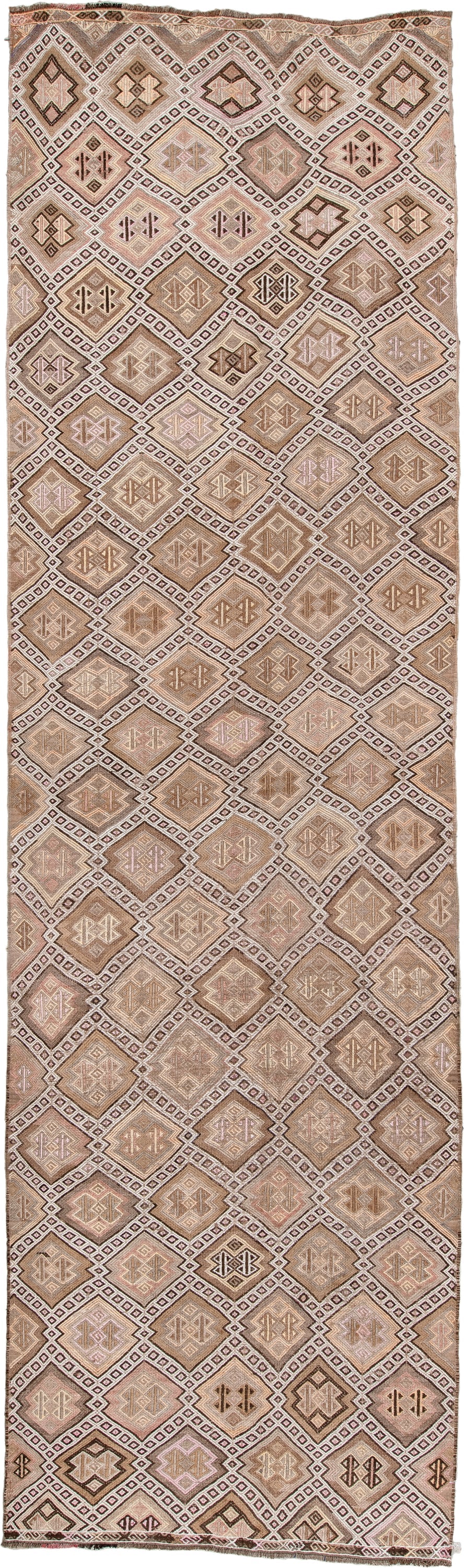 4' x 16' one-of-a-kind handmade antique Jijim runner rug. Color palette: ivory, taupe, camel, dusty rose, brown, charcoal