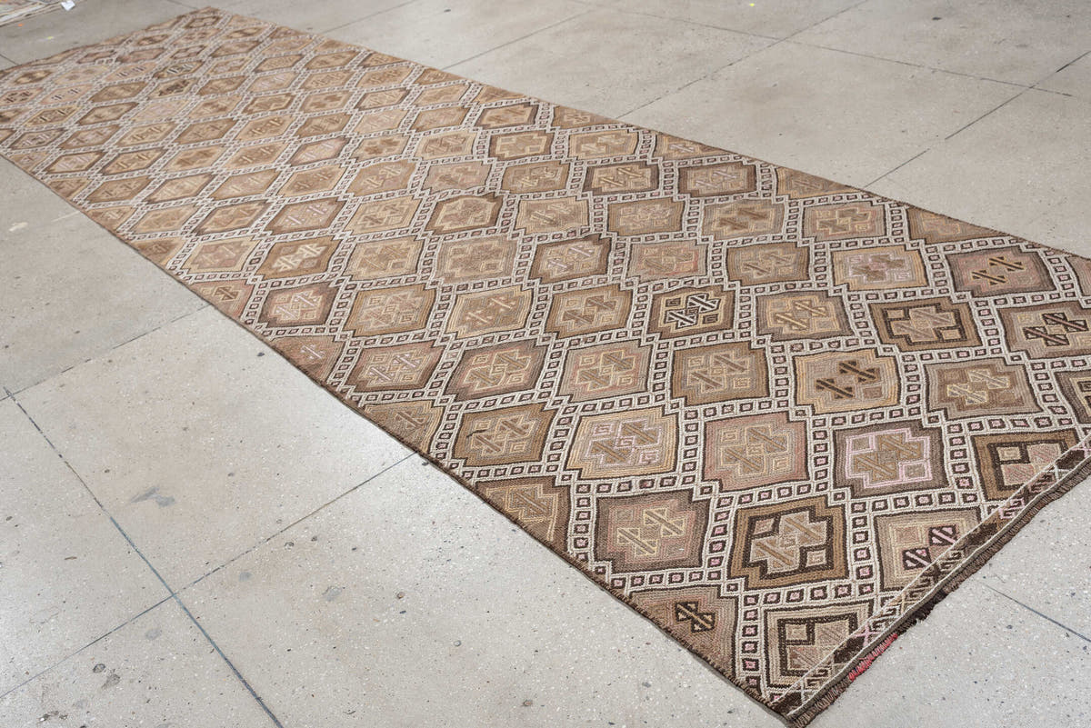 4' x 16' one-of-a-kind handmade antique Jijim runner rug. Color palette: ivory, taupe, camel, dusty rose, brown, charcoal
