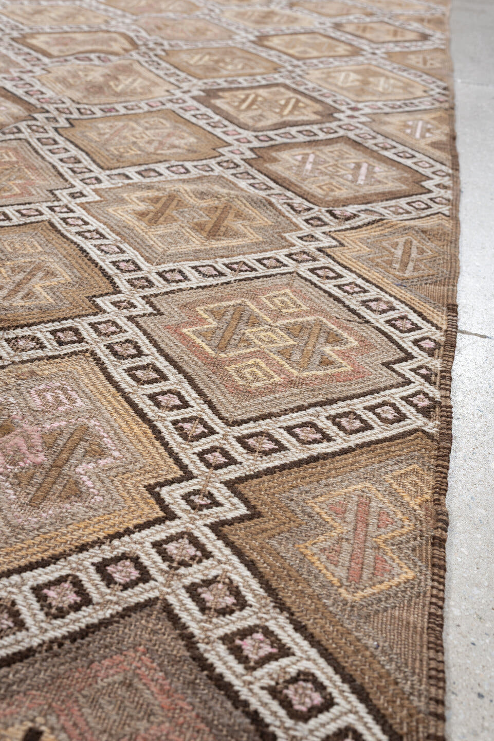 4' x 16' one-of-a-kind handmade antique Jijim runner rug. Color palette: ivory, taupe, camel, dusty rose, brown, charcoal