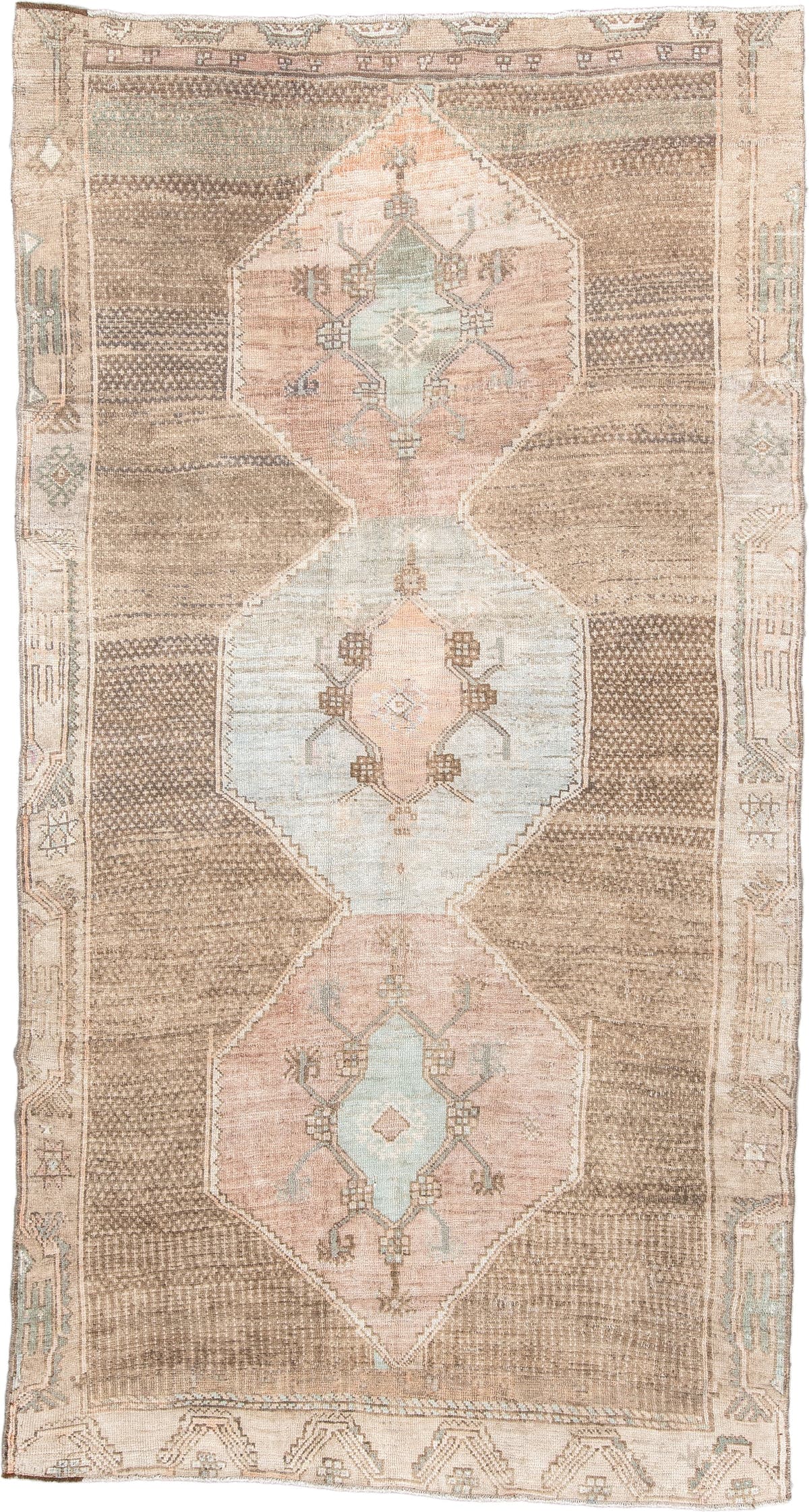 5' x 10' one-of-a-kind handmade antique Kars large size rug. Color palette: taupe, ivory, blush, sage, camel, charcoal, rose
