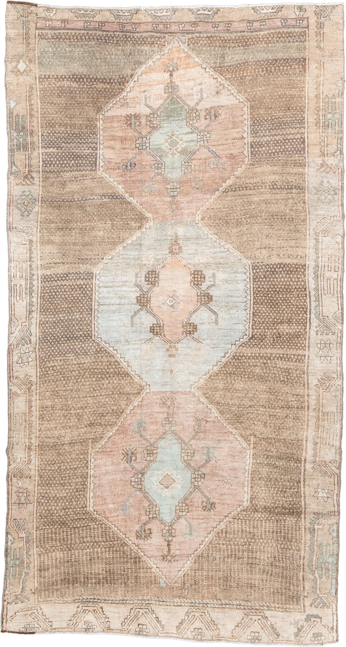 5' x 10' one-of-a-kind handmade antique Kars large size rug. Color palette: taupe, ivory, blush, sage, camel, charcoal, rose