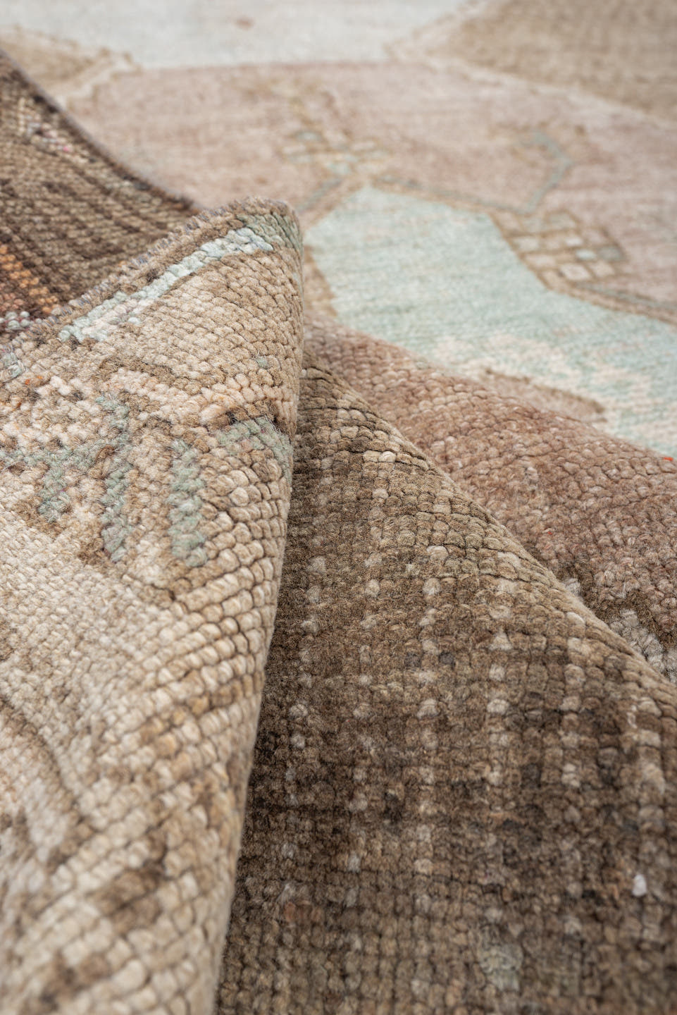 5' x 10' one-of-a-kind handmade antique Kars large size rug. Color palette: taupe, ivory, blush, sage, camel, charcoal, rose