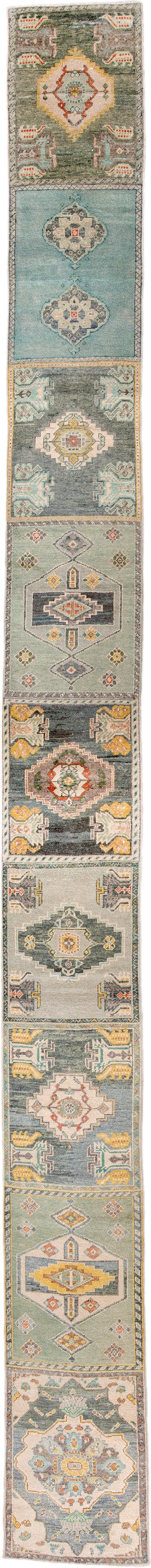 2' x 32' one-of-a-kind handmade vintage Oushak runner rug. Color palette: sage, aqua, ivory, terracotta, ochre, coral