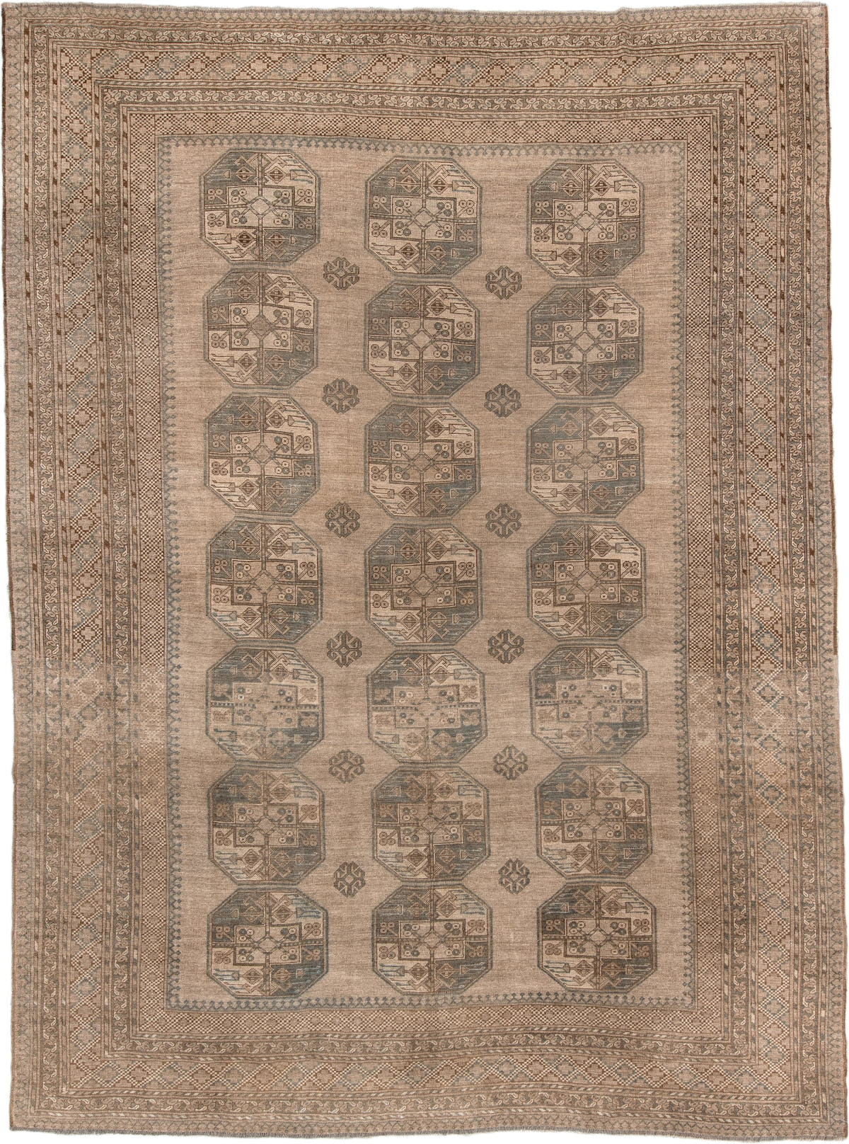 9' x 12' one-of-a-kind handmade antique Afghan large size rug. Color palette: camel, taupe, slate, ivory, brown, charcoal
