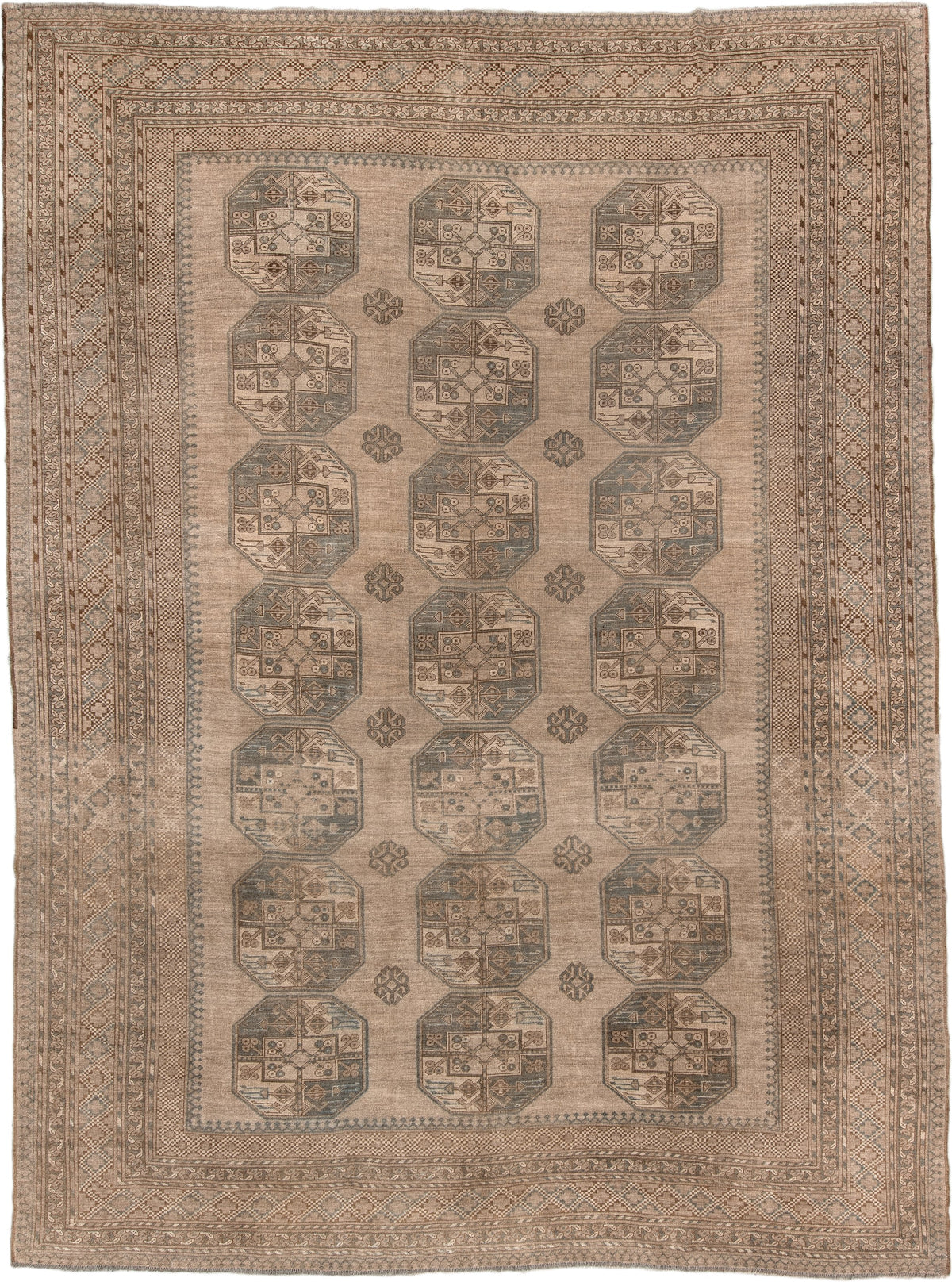 9' x 12' one-of-a-kind handmade antique Afghan large size rug. Color palette: camel, taupe, slate, ivory, brown, charcoal