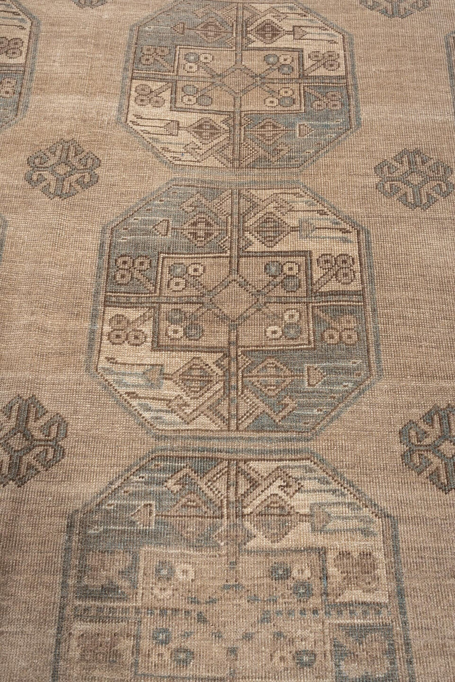 9' x 12' one-of-a-kind handmade antique Afghan large size rug. Color palette: camel, taupe, slate, ivory, brown, charcoal