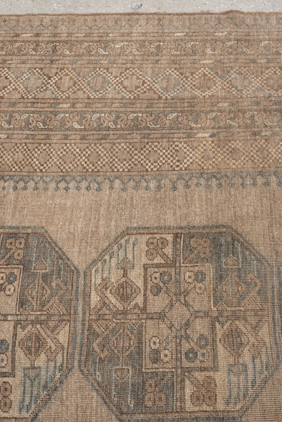 9' x 12' one-of-a-kind handmade antique Afghan large size rug. Color palette: camel, taupe, slate, ivory, brown, charcoal