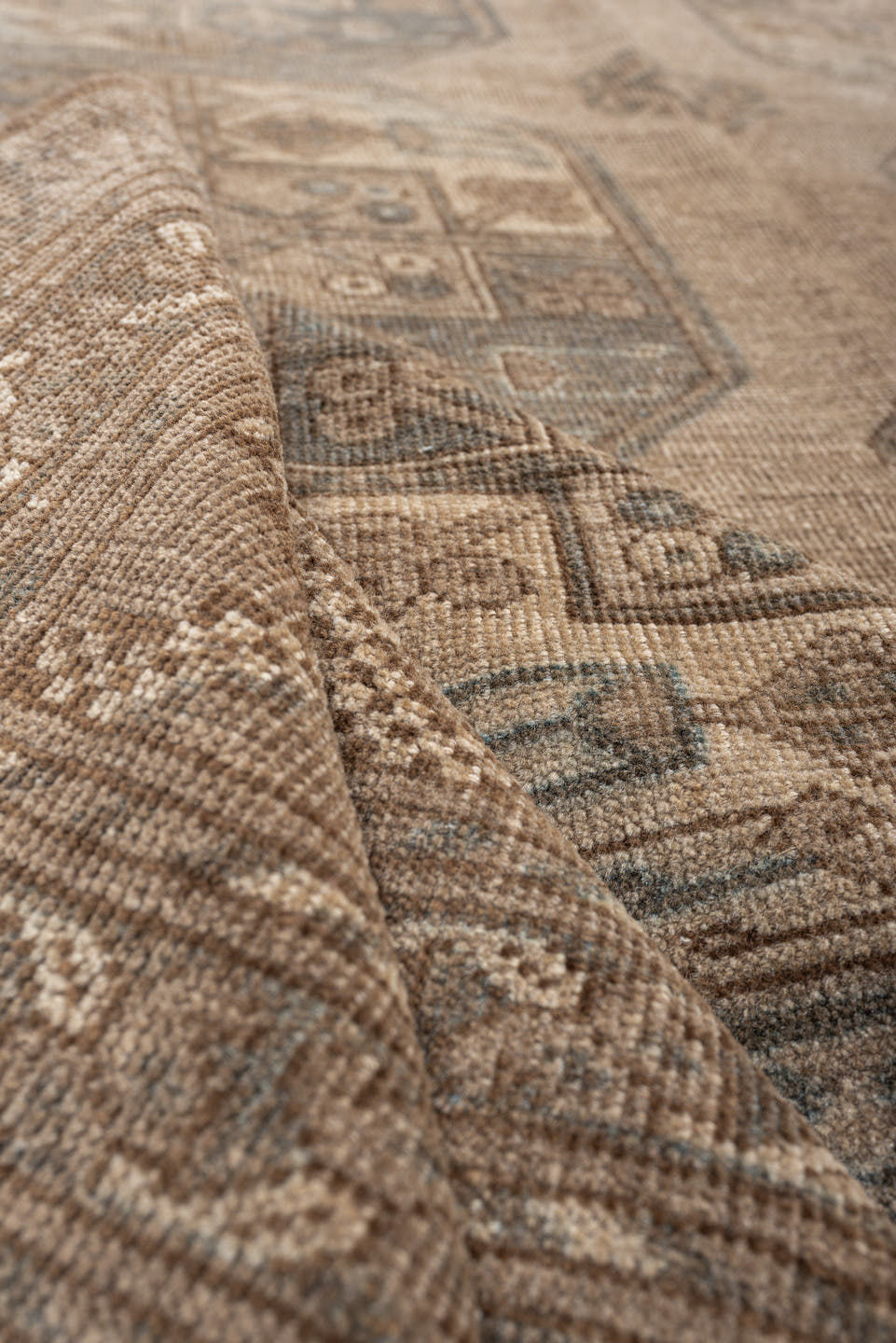 9' x 12' one-of-a-kind handmade antique Afghan large size rug. Color palette: camel, taupe, slate, ivory, brown, charcoal