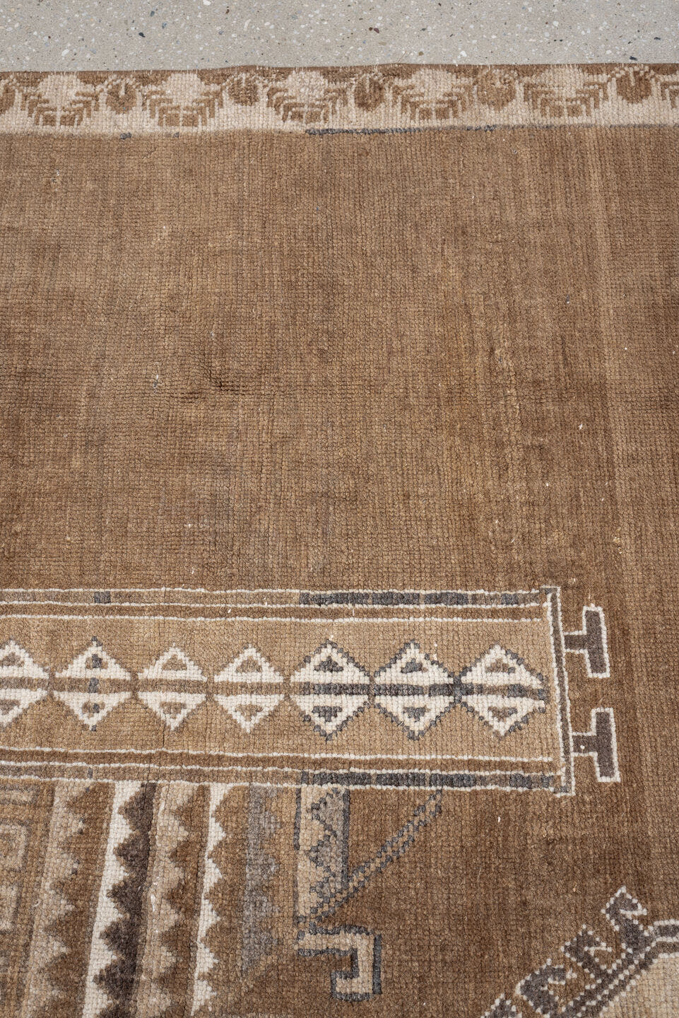 6' x 9' one-of-a-kind handmade antique Kars medium size rug. Color palette: camel, taupe, ivory, brown, charcoal, sand