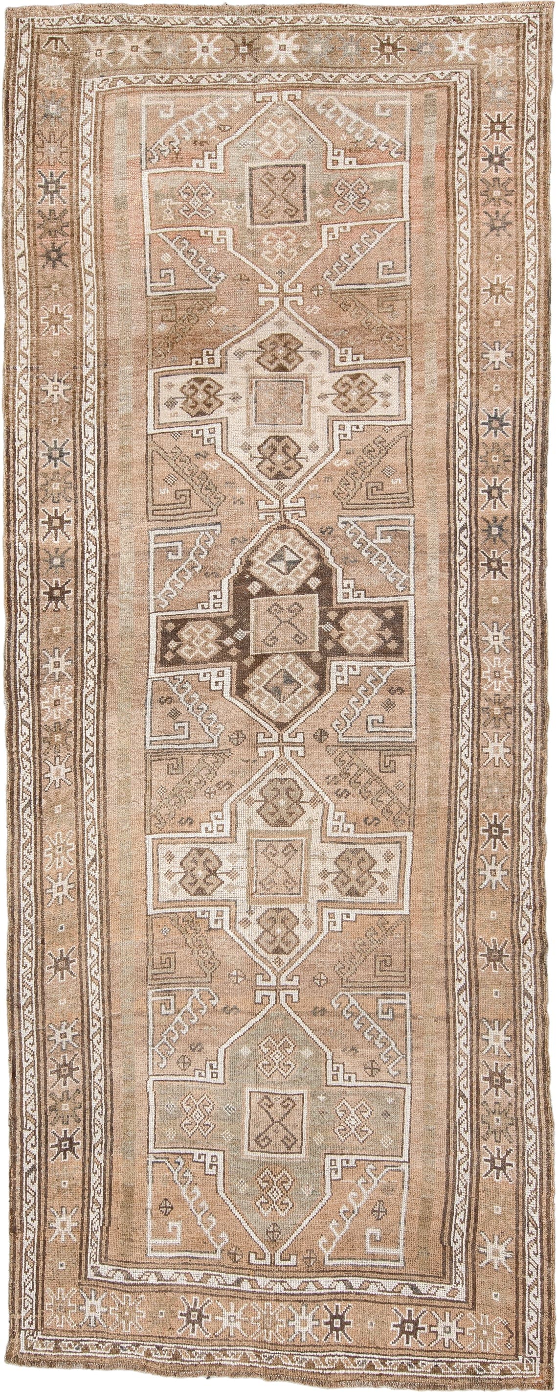 4' x 12' one-of-a-kind handmade antique Kars runner rug. Color palette: camel, taupe, ivory, brown, beige, charcoal, gray