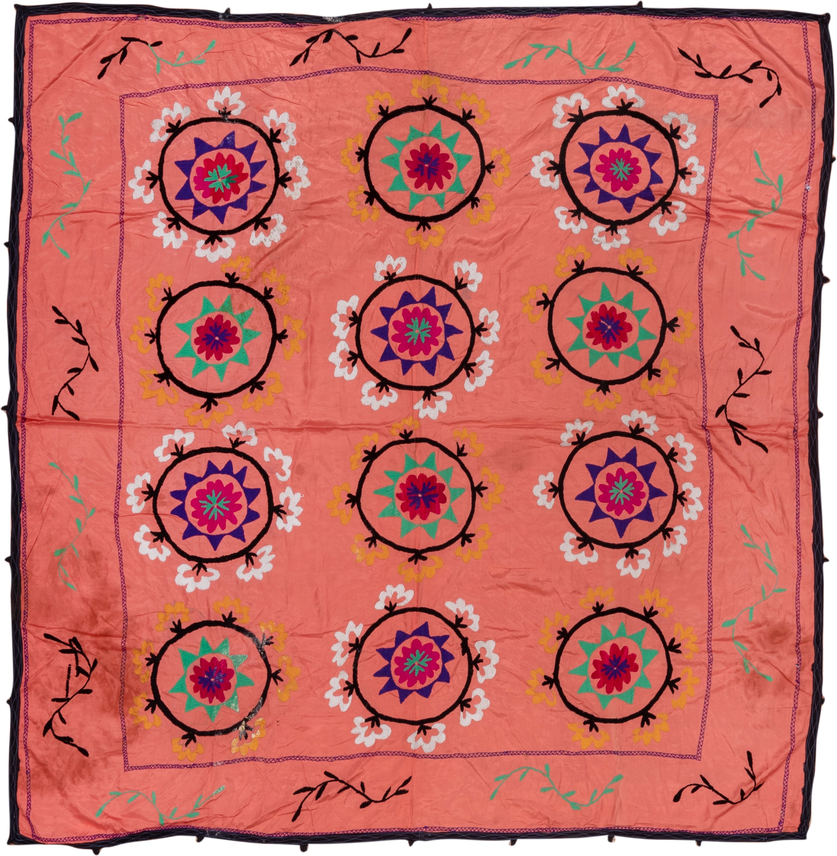7' x 7' one-of-a-kind handmade vintage Suzani rug. Color palette: coral, black, teal, violet, white, gold, crimson