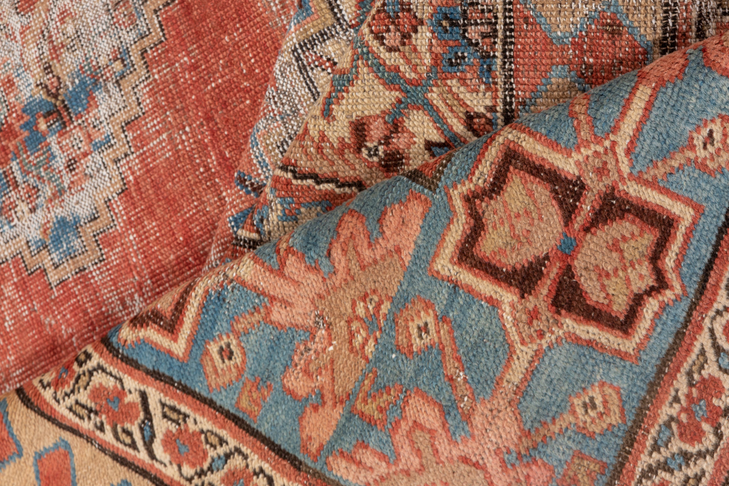 Red, turquoise and tan handmade vintage Persian area rug