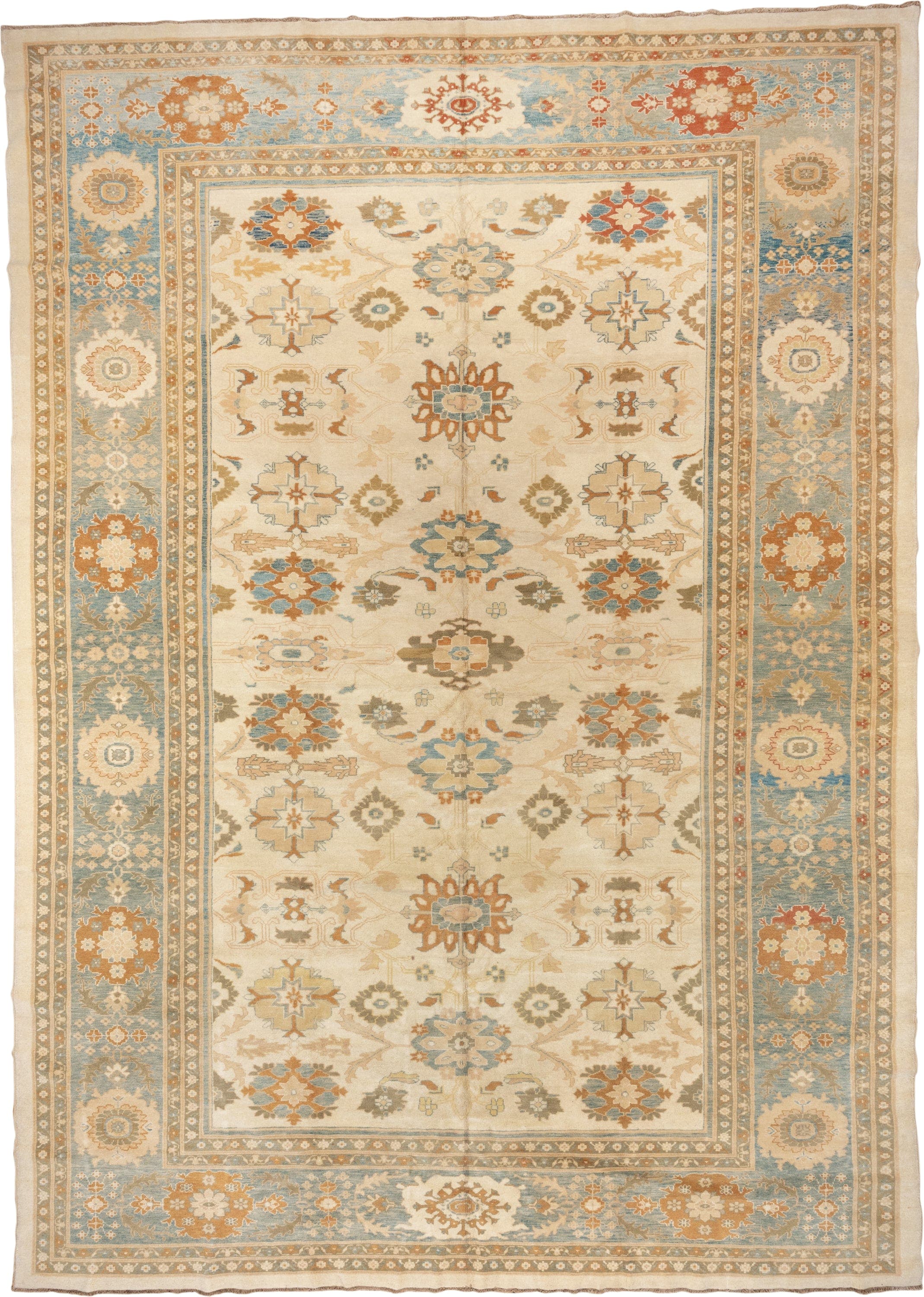 12' x 16' one-of-a-kind handmade vintage Sultanabad oversize rug. Color palette: ivory, sky blue, taupe, rust, gold, beige