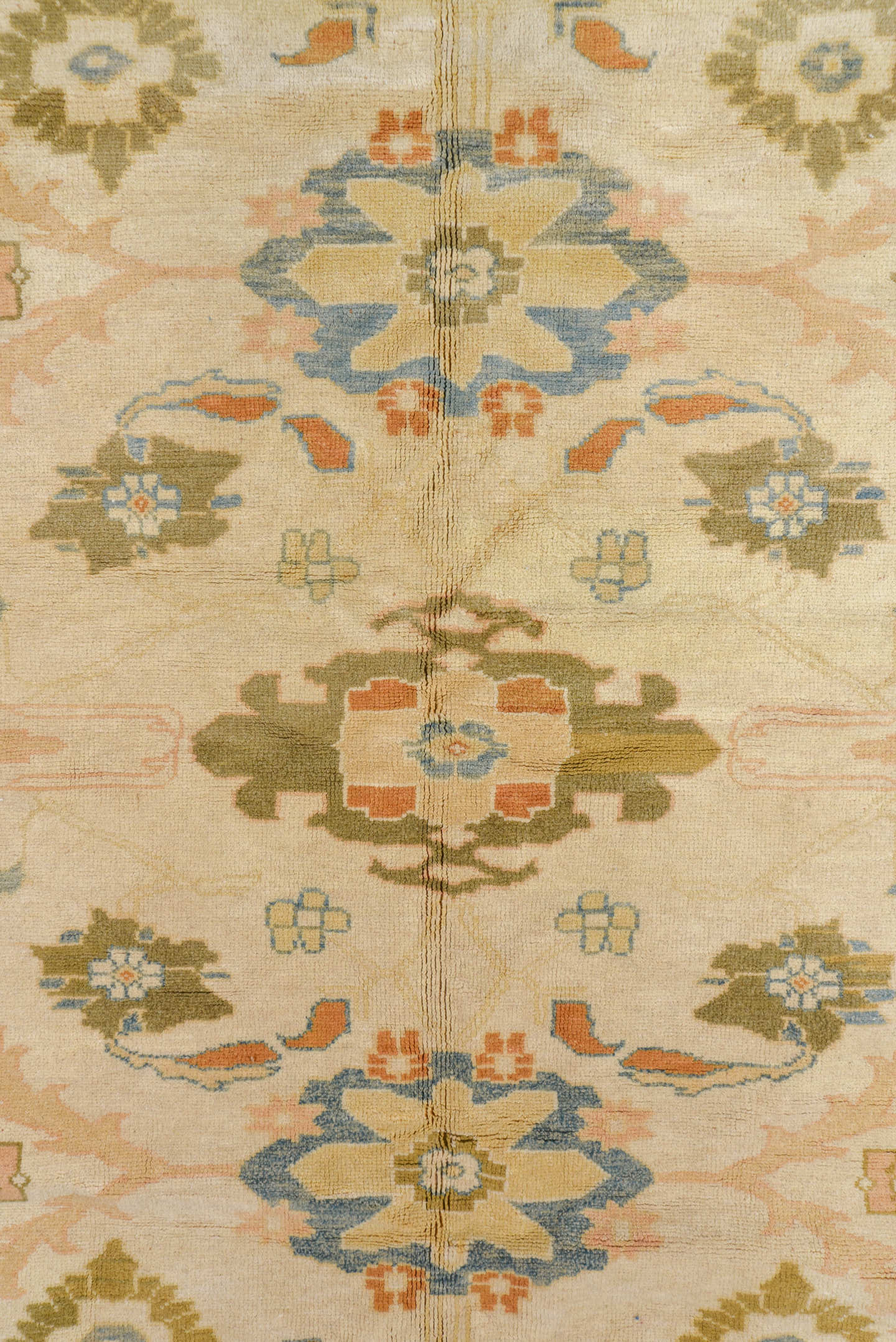 12' x 16' one-of-a-kind handmade vintage Sultanabad oversize rug. Color palette: ivory, sky blue, taupe, rust, gold, beige