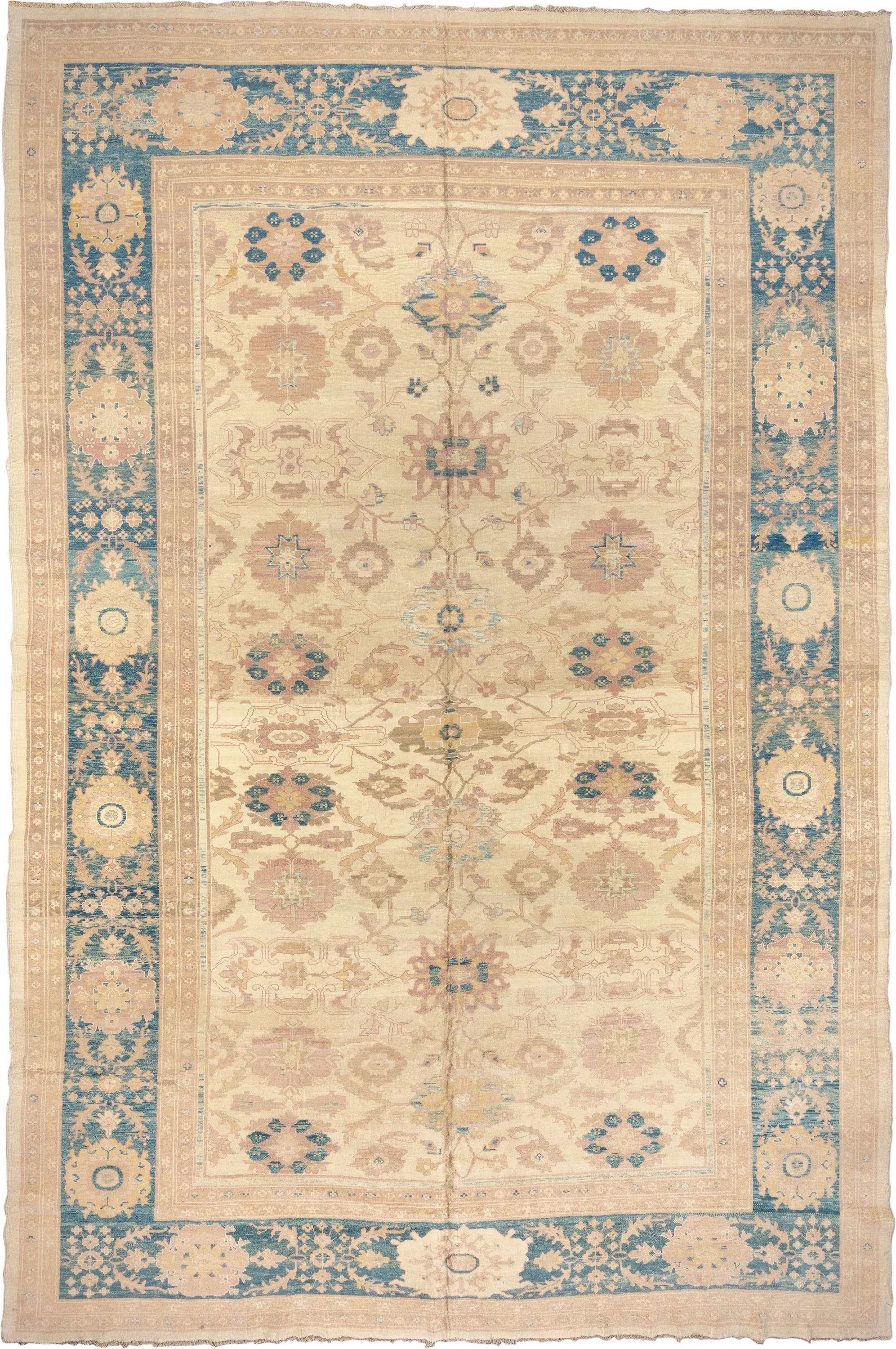 12' x 18' one-of-a-kind handmade vintage Sultanabad oversize rug. Color palette: ivory, beige, sky blue, taupe, camel, cream
