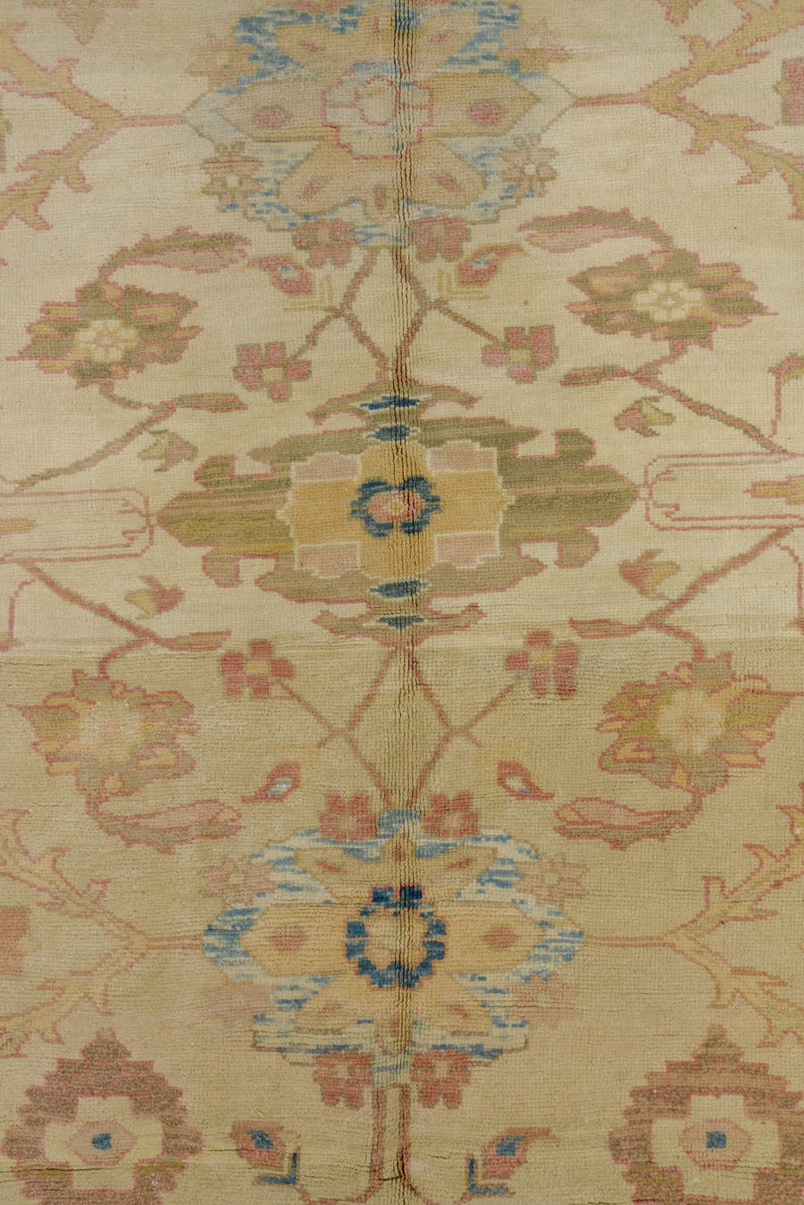 12' x 18' one-of-a-kind handmade vintage Sultanabad oversize rug. Color palette: ivory, beige, sky blue, taupe, camel, cream