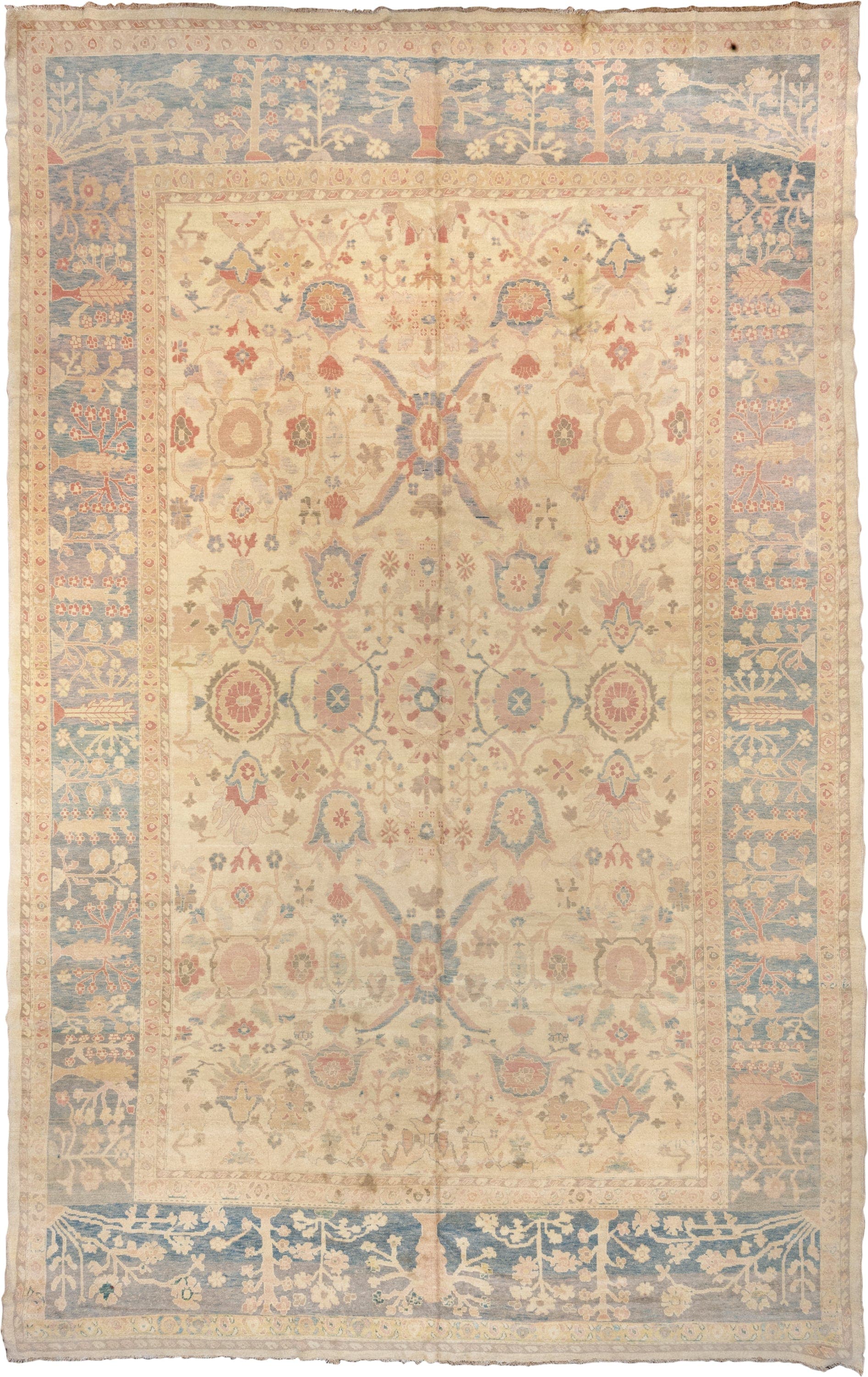 12' x 20' one-of-a-kind handmade vintage Sultanabad oversize rug. Color palette: ivory, pale blue, beige, blush, taupe, sage