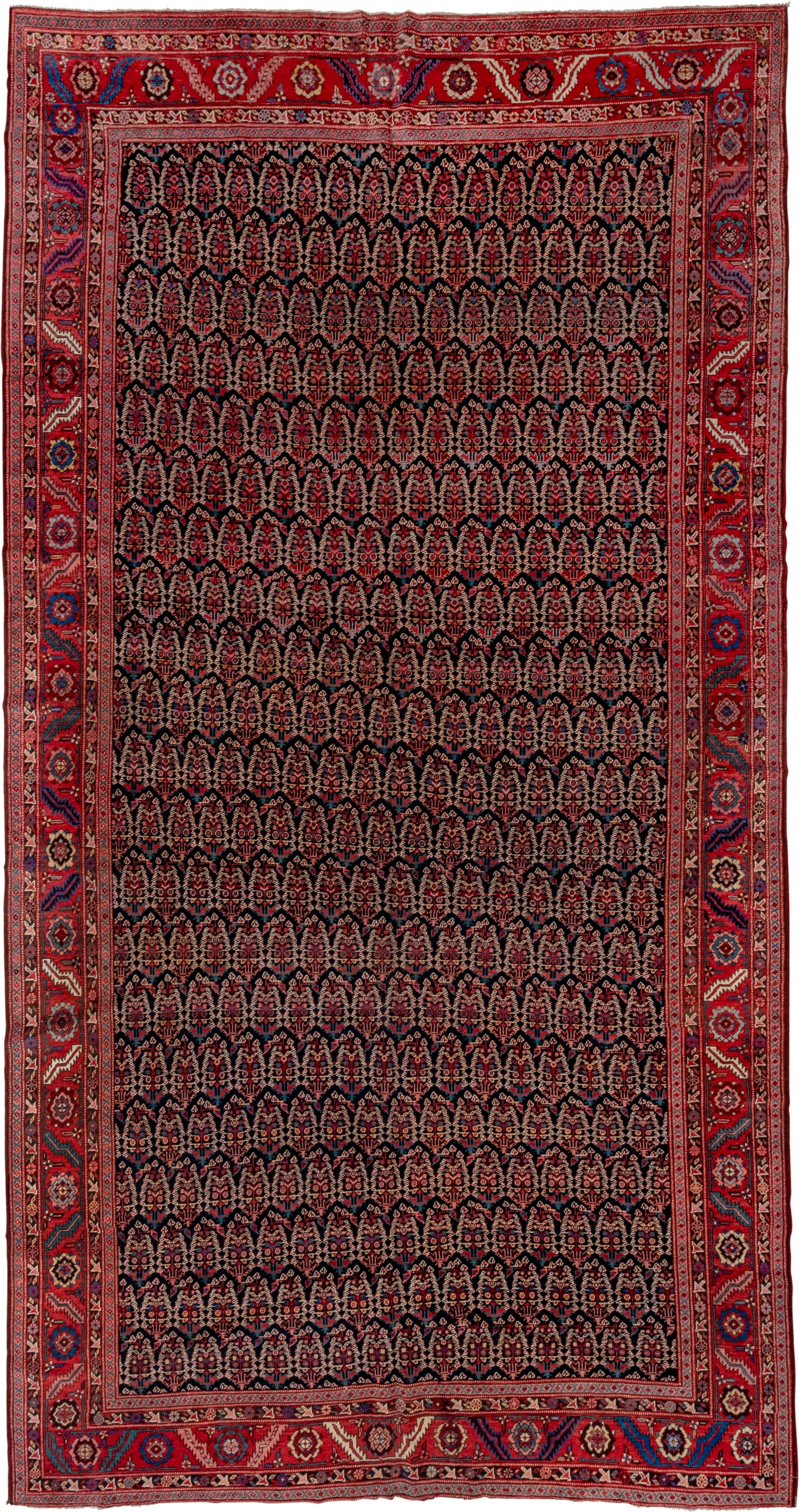 7' x 14' one-of-a-kind handmade vintage Bakhshayesh rug. Color palette: navy, rust, brick red, ivory, cobalt, camel