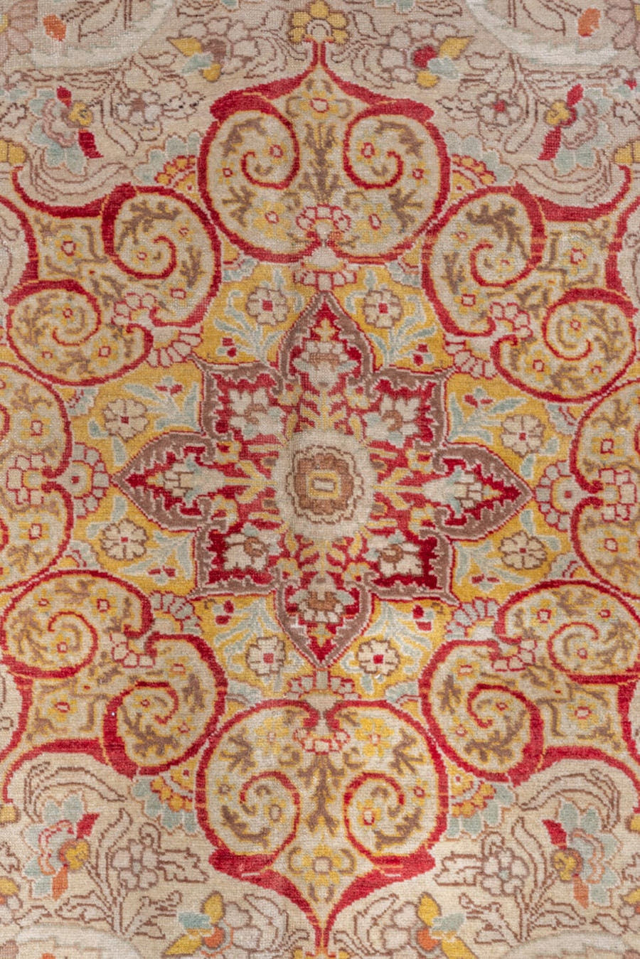 8' x 12' one-of-a-kind handmade vintage Tabriz large size rug. Color palette: terra cotta, ivory, taupe, gold, beige
