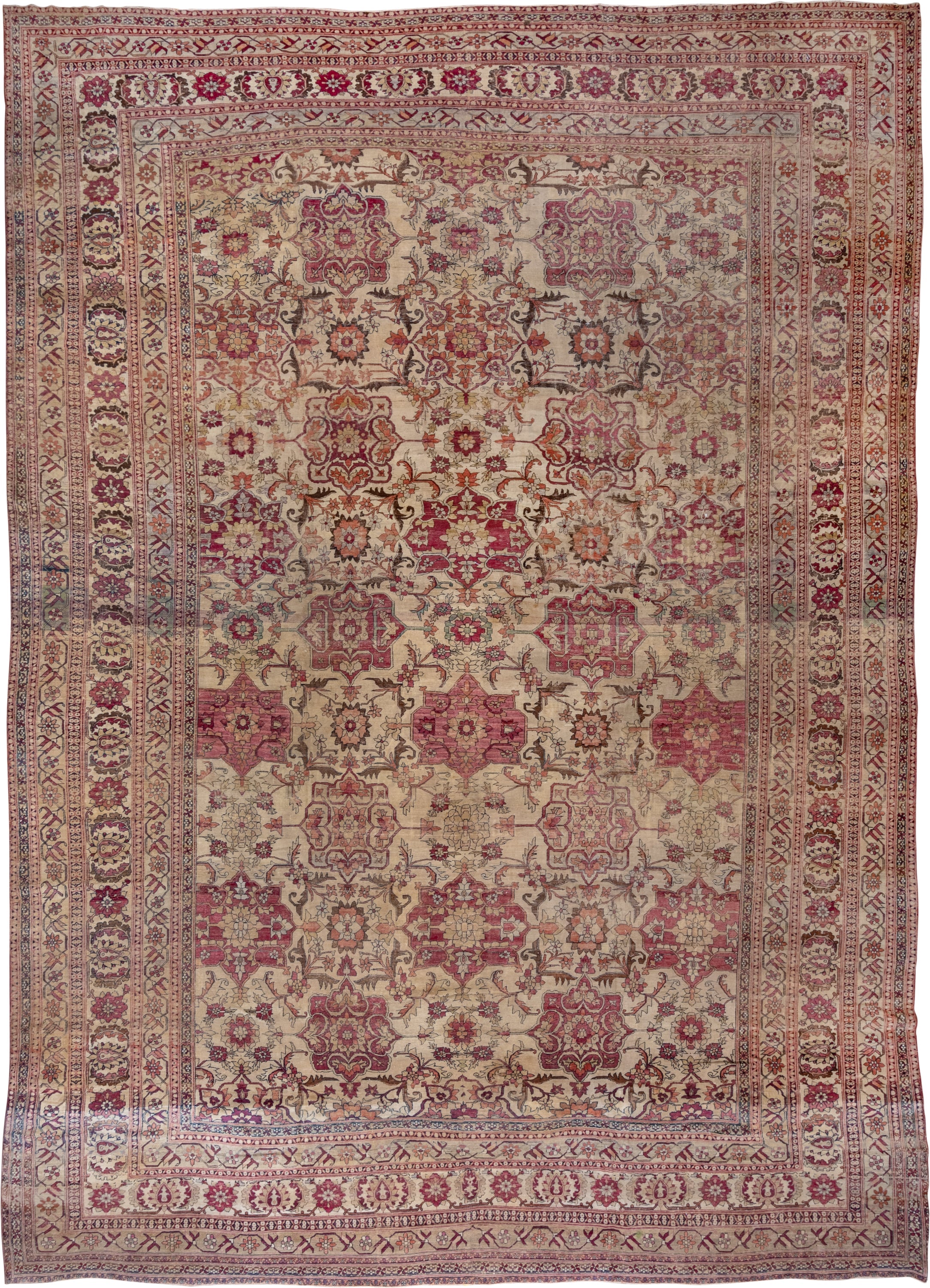13' x 18' one-of-a-kind handmade vintage Lavar oversize rug. Color palette: ivory, rose, rust, taupe, gold, sage, brown