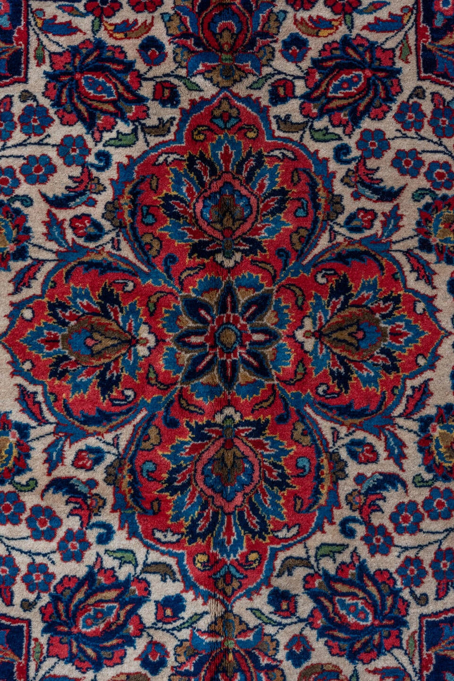 10' x 16' one-of-a-kind handmade vintage Kashan rug. Color palette: red, navy, ivory, rose, burgundy, slate, camel, blue