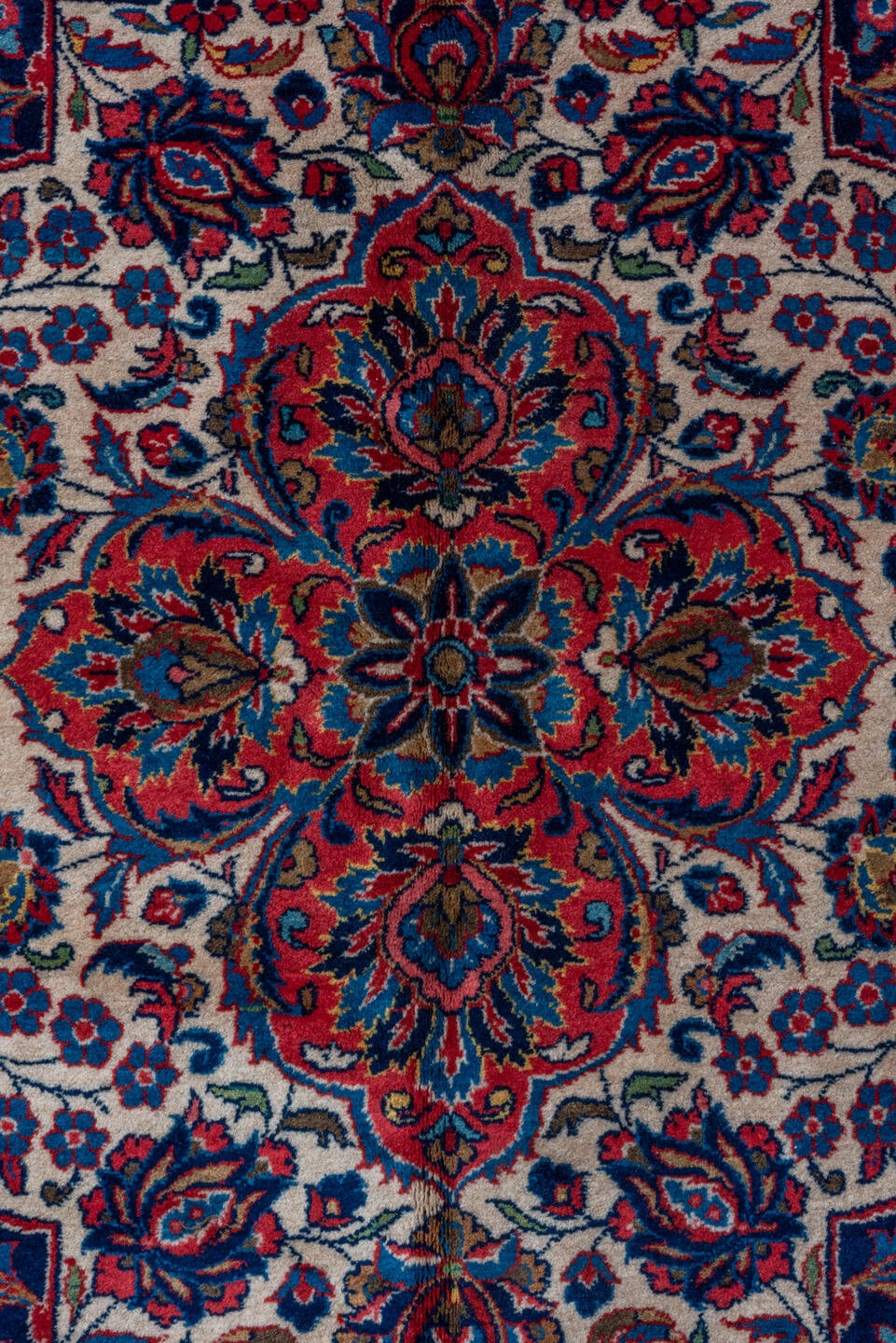 10' x 16' one-of-a-kind handmade vintage Kashan rug. Color palette: red, navy, ivory, rose, burgundy, slate, camel, blue