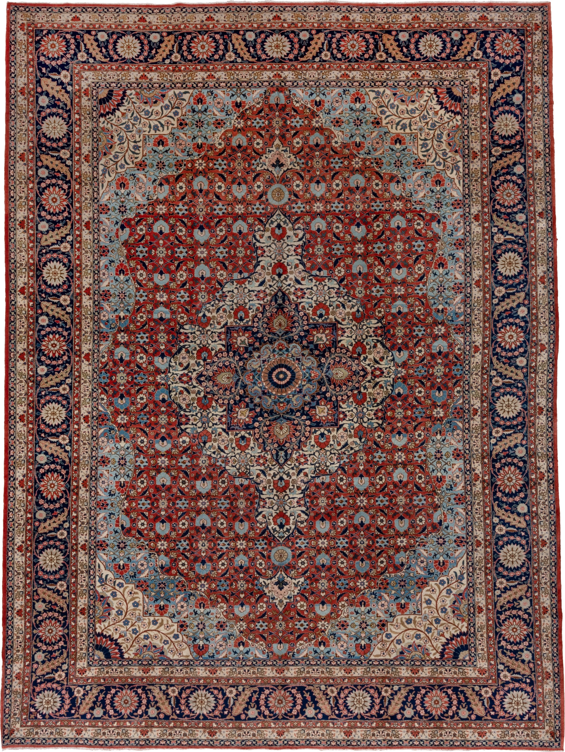 10' x 13' one-of-a-kind handmade vintage Tabriz oversize rug. Color palette: rust, navy, ivory, sky blue, cream, slate blue