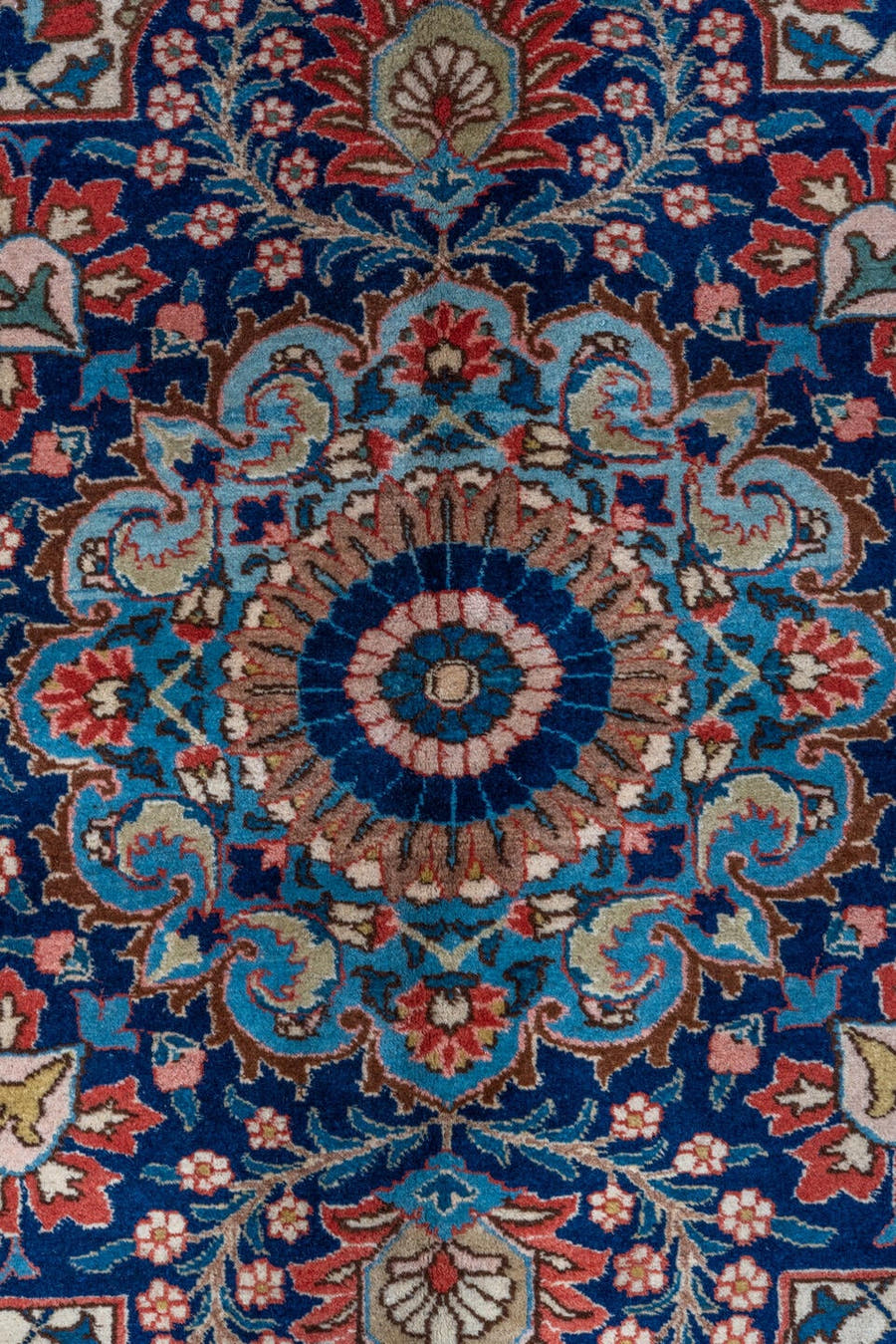 10' x 13' one-of-a-kind handmade vintage Tabriz oversize rug. Color palette: rust, navy, ivory, sky blue, cream, slate blue